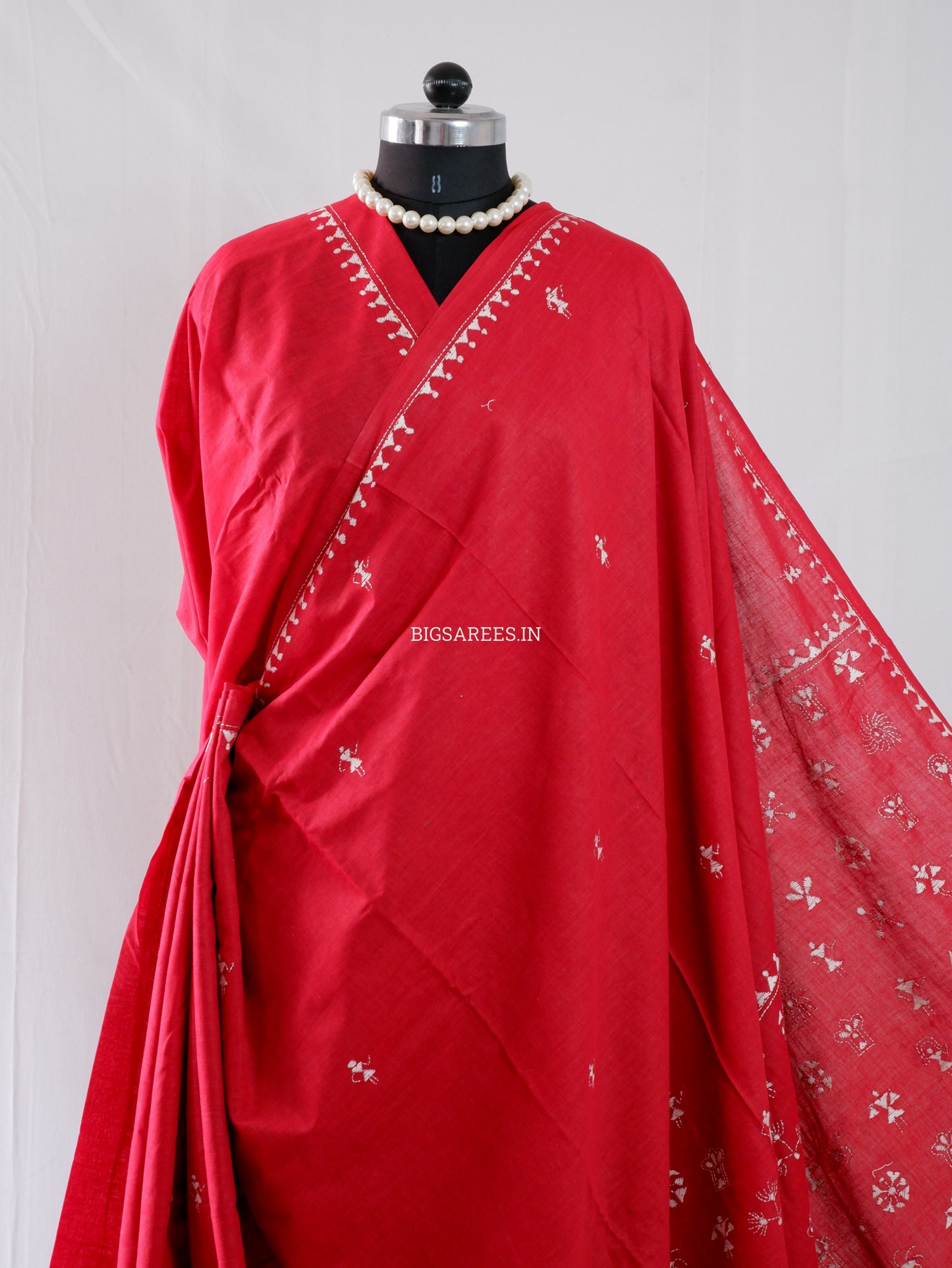 Kantha Hand-Embroidered Saree | Pure Khadi Cotton | Red