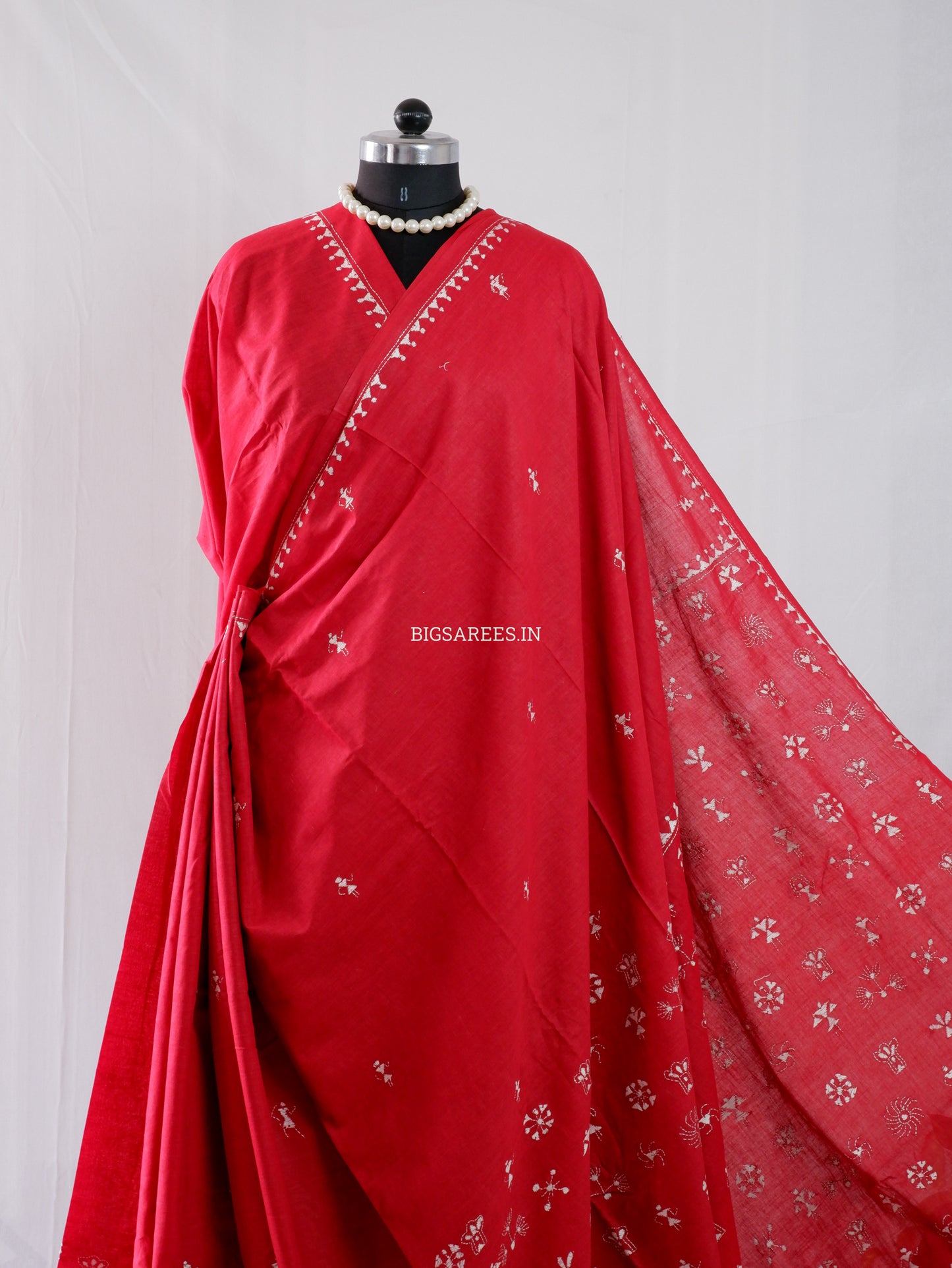 Kantha Hand-Embroidered Saree | Pure Khadi Cotton | Red