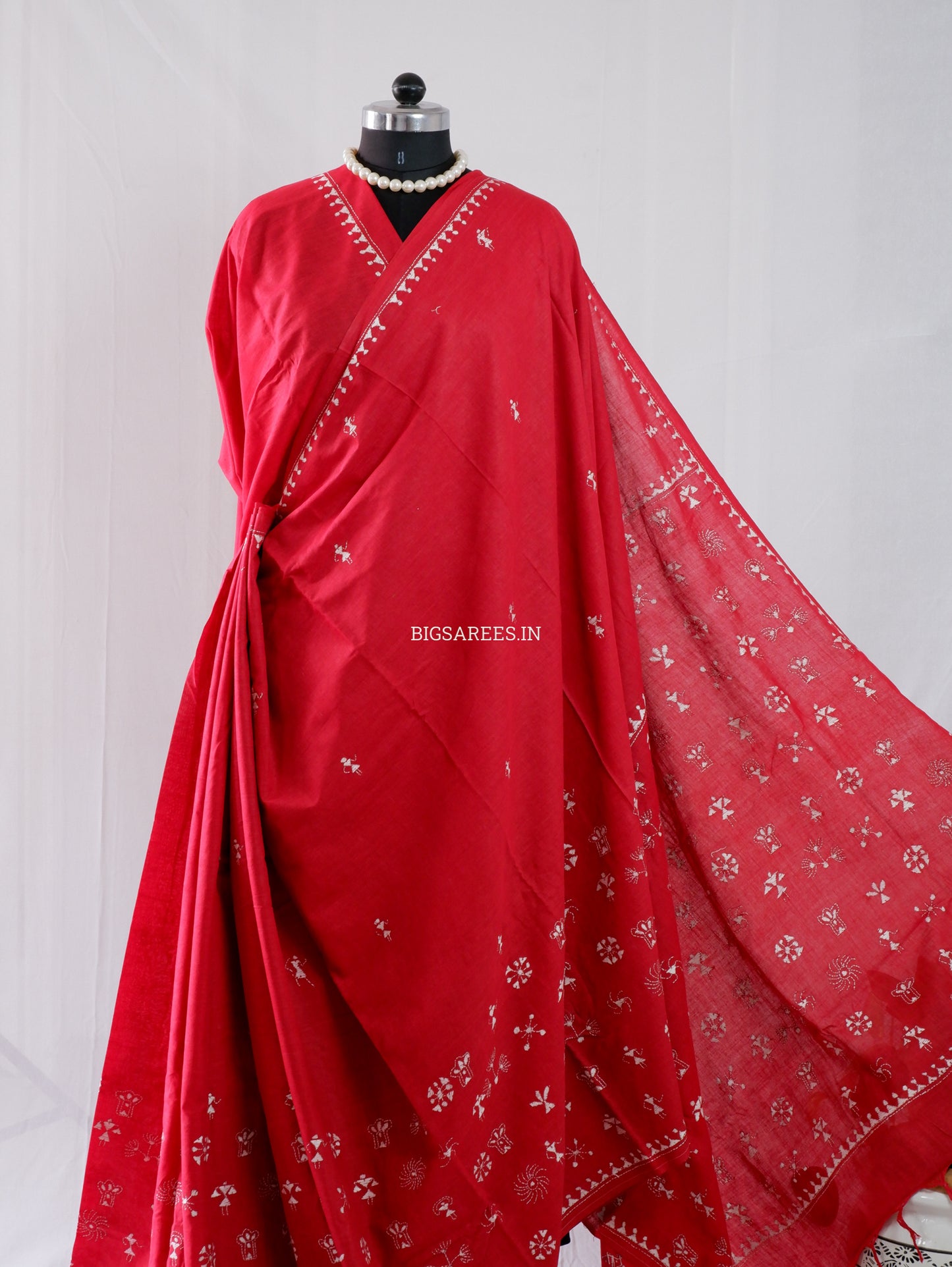 Kantha Hand-Embroidered Saree | Pure Khadi Cotton | Red