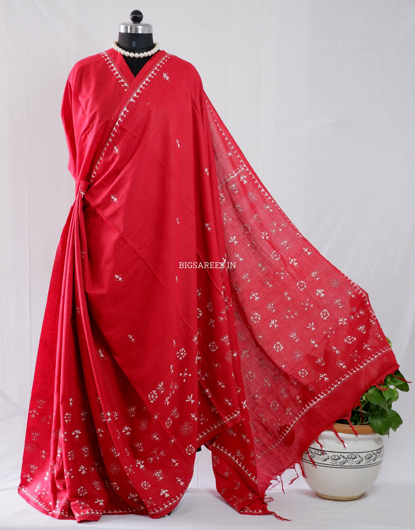 Kantha Hand-Embroidered Saree | Pure Khadi Cotton | Red