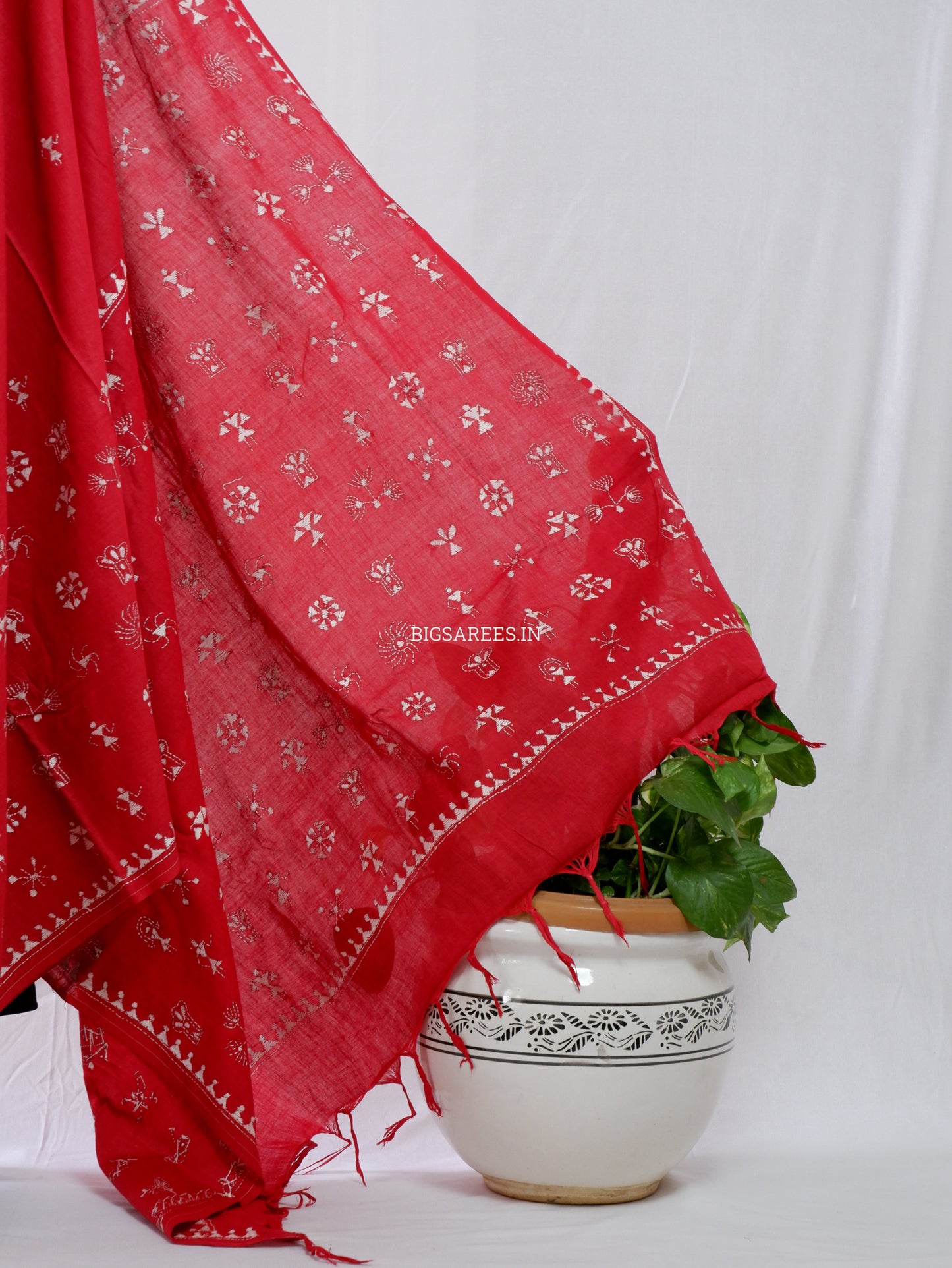 Kantha Hand-Embroidered Saree | Pure Khadi Cotton | Red