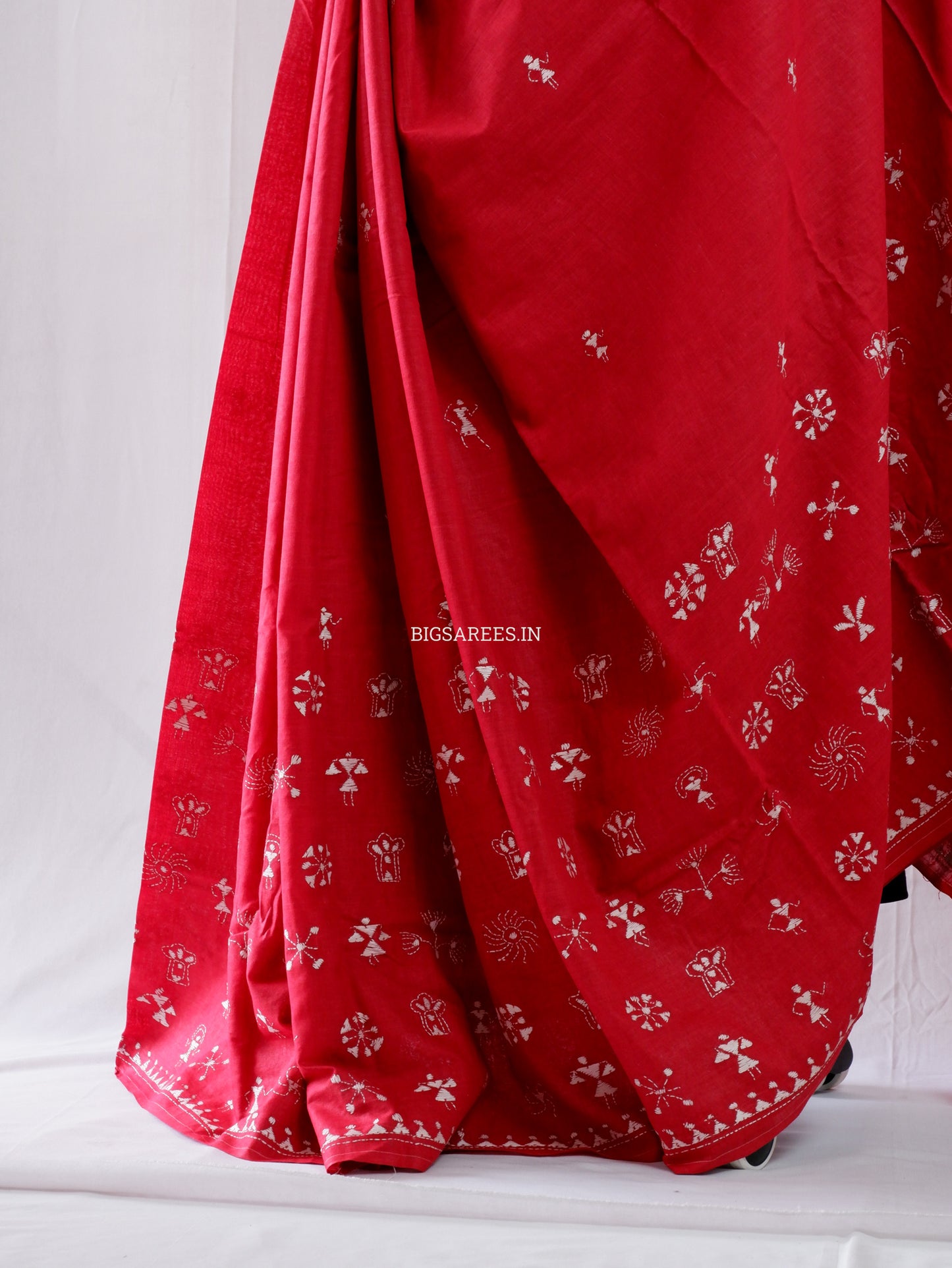 Kantha Hand-Embroidered Saree | Pure Khadi Cotton | Red