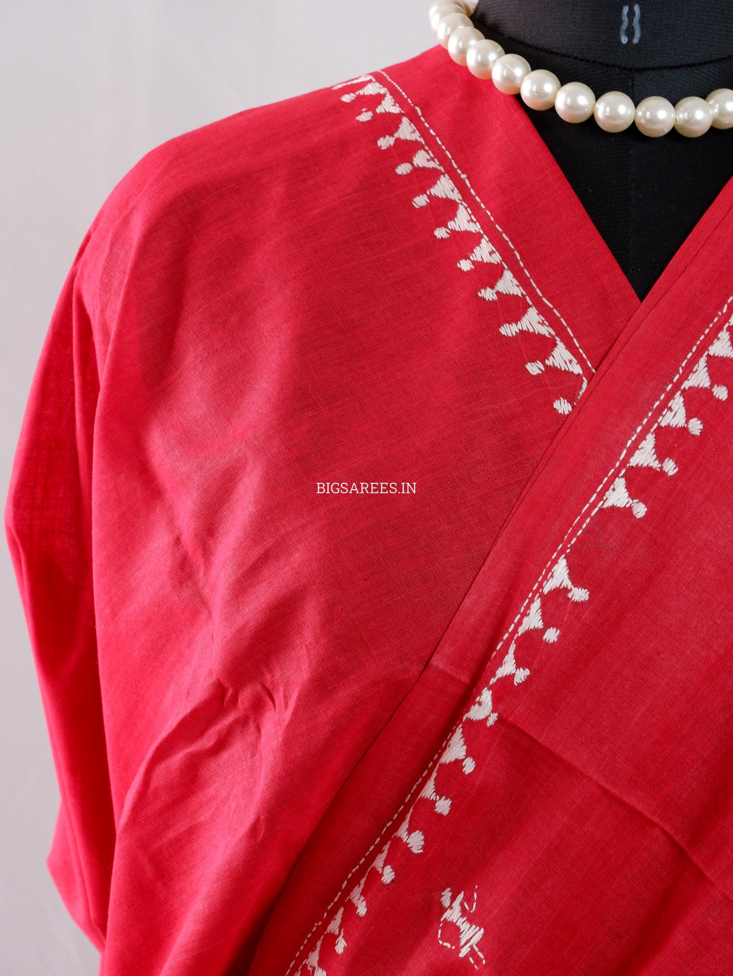 Kantha Hand-Embroidered Saree | Pure Khadi Cotton | Red