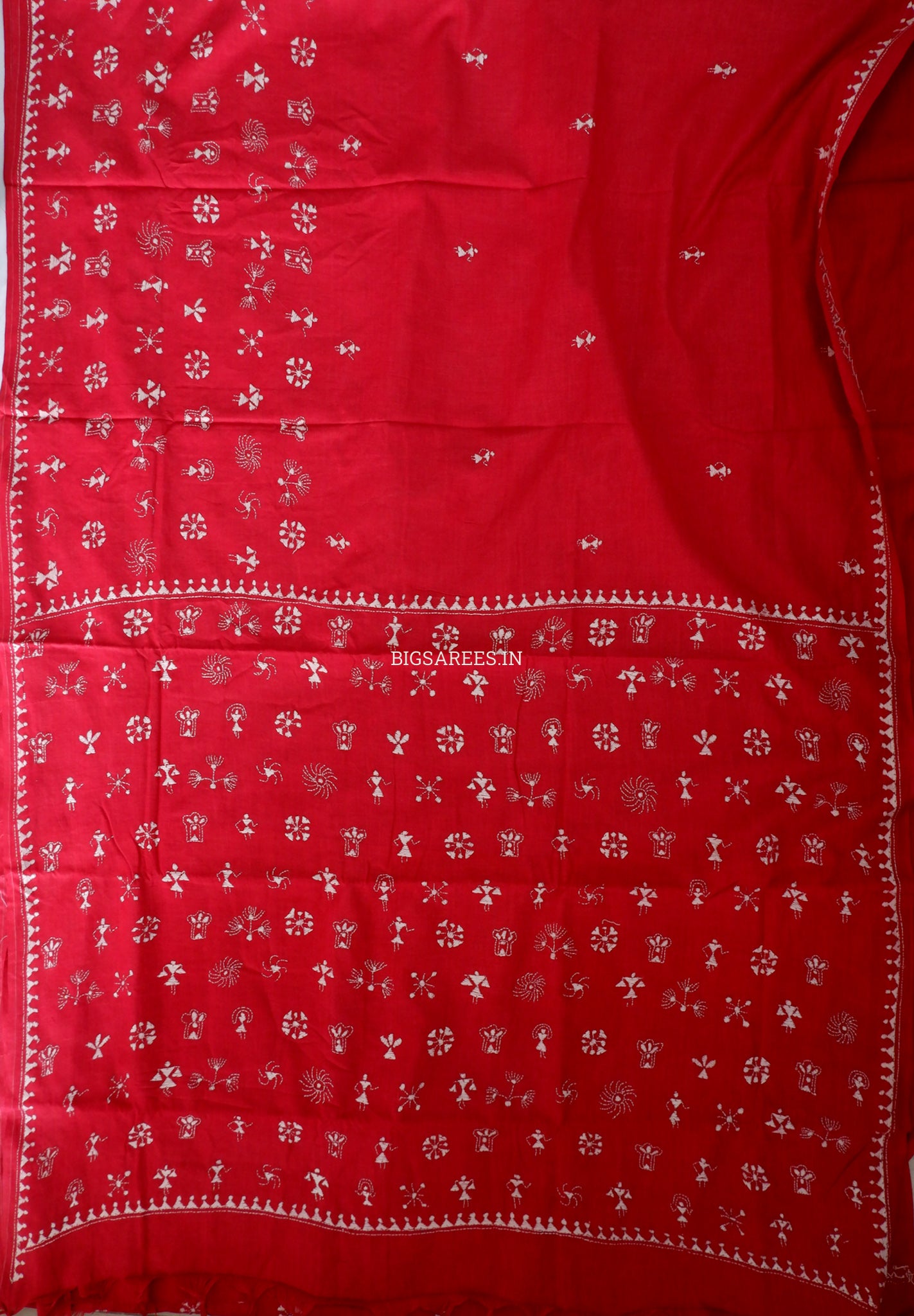 Kantha Hand-Embroidered Saree | Pure Khadi Cotton | Red