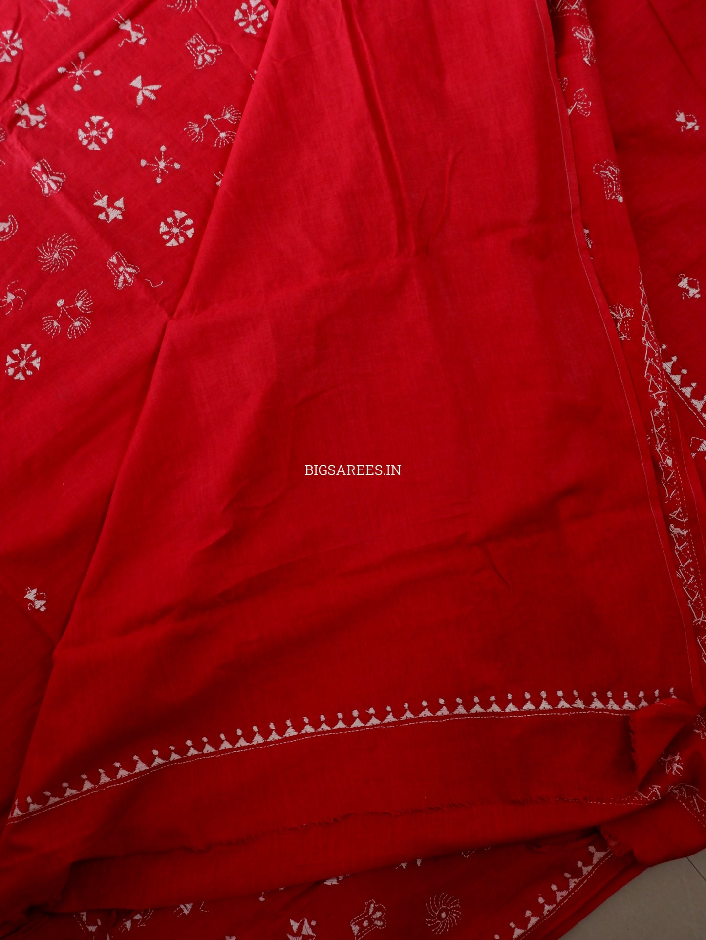 Kantha Hand-Embroidered Saree | Pure Khadi Cotton | Red