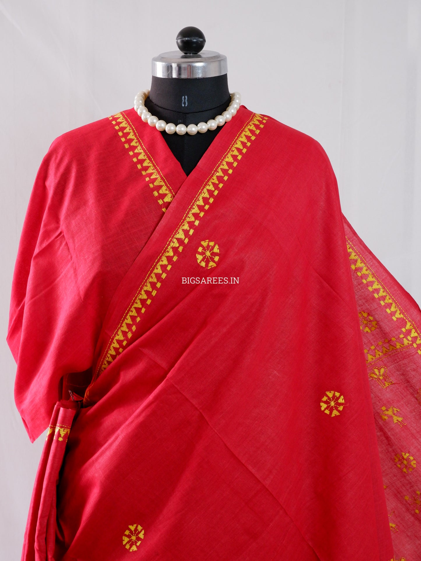 Kantha Stitch Hand-Embroidered Saree | Khadi Cotton | Red