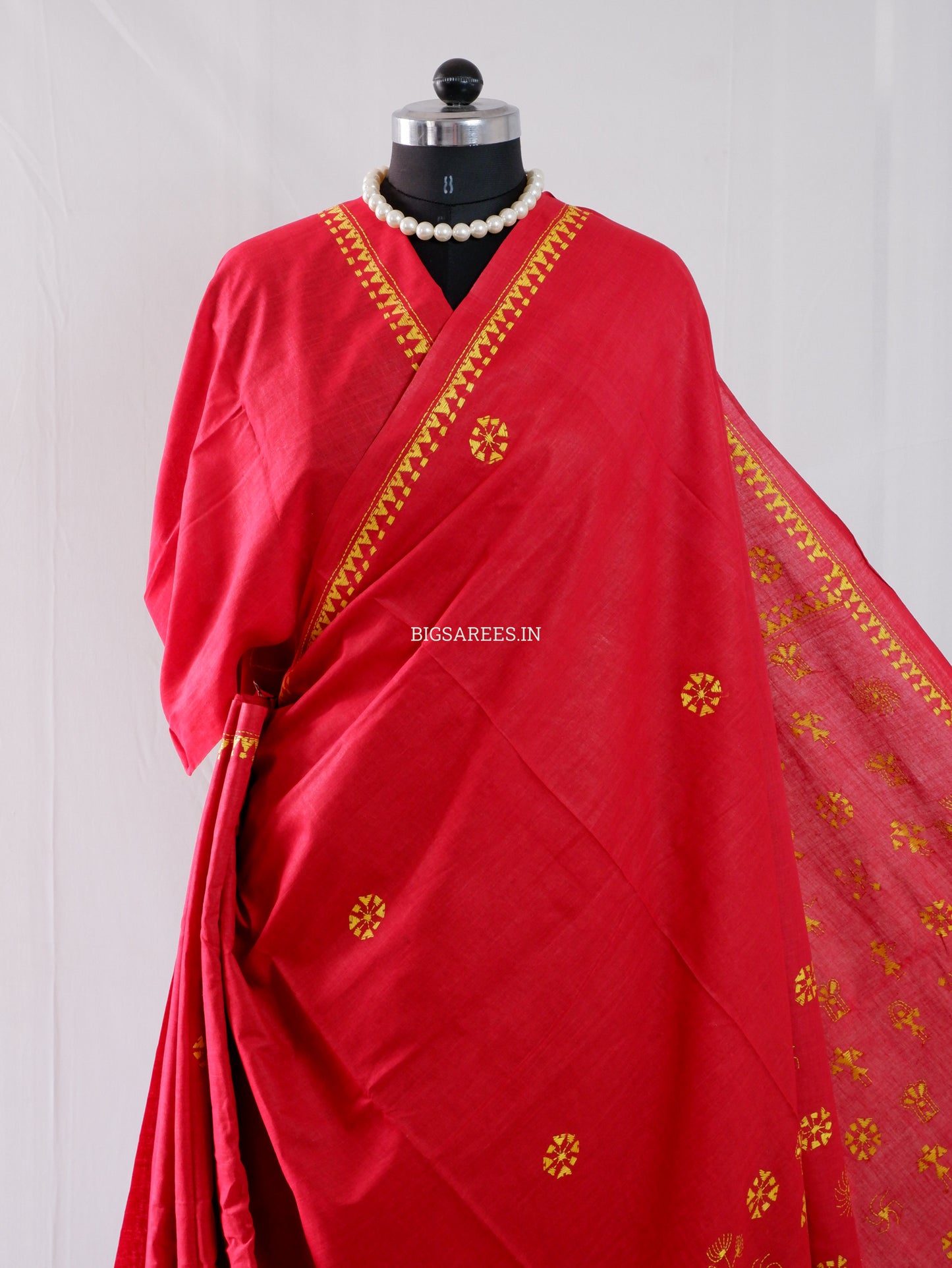 Kantha Stitch Hand-Embroidered Saree | Khadi Cotton | Red