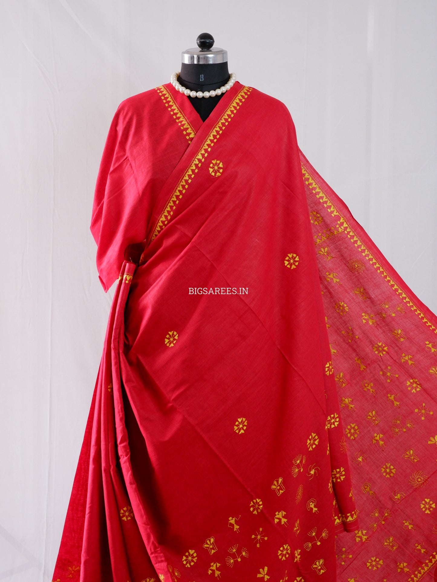 Kantha Stitch Hand-Embroidered Saree | Khadi Cotton | Red