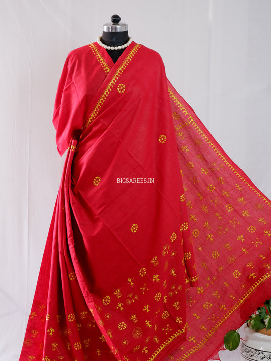 Kantha Stitch Hand-Embroidered Saree | Khadi Cotton | Red