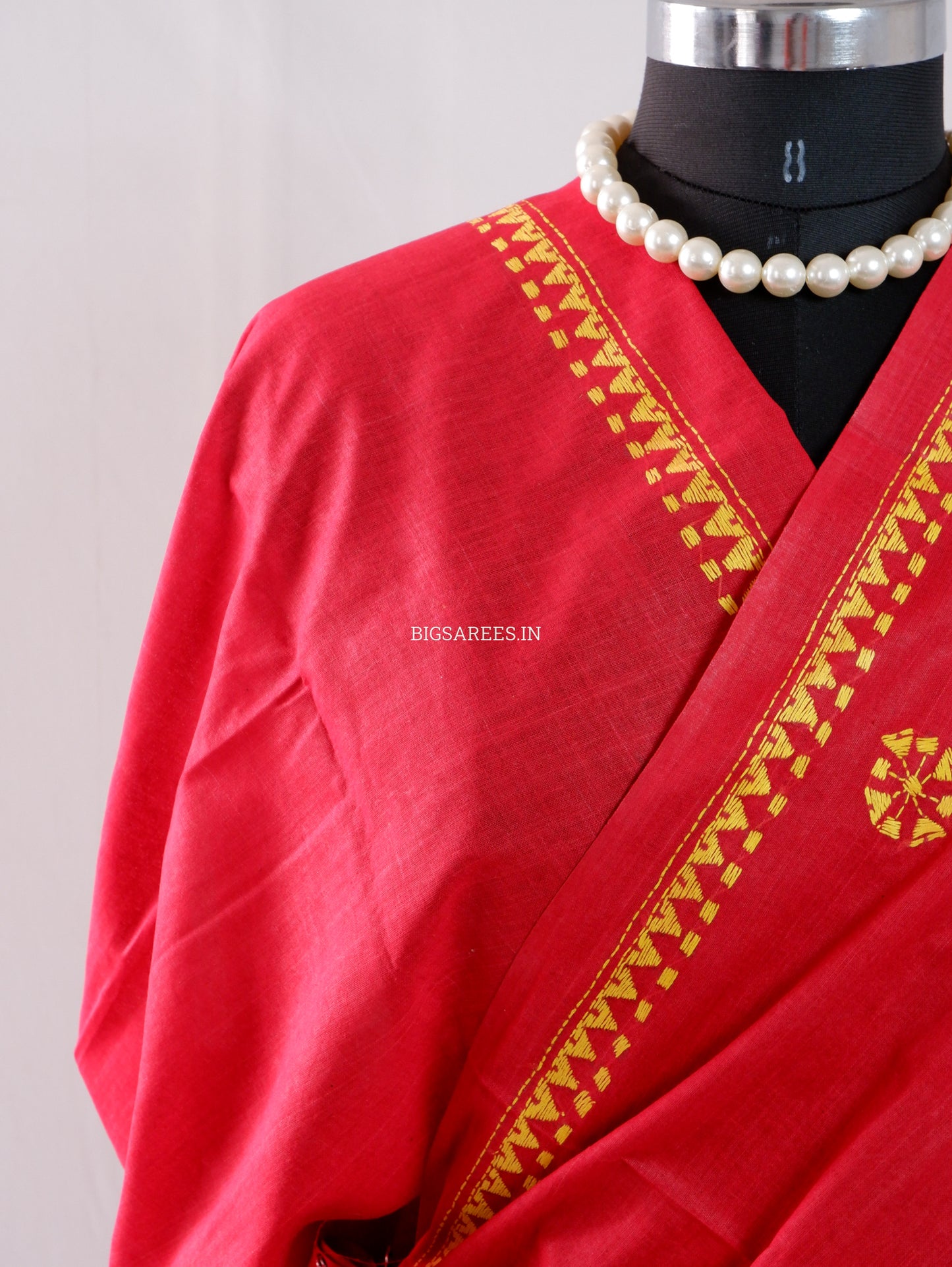 Kantha Stitch Hand-Embroidered Saree | Khadi Cotton | Red