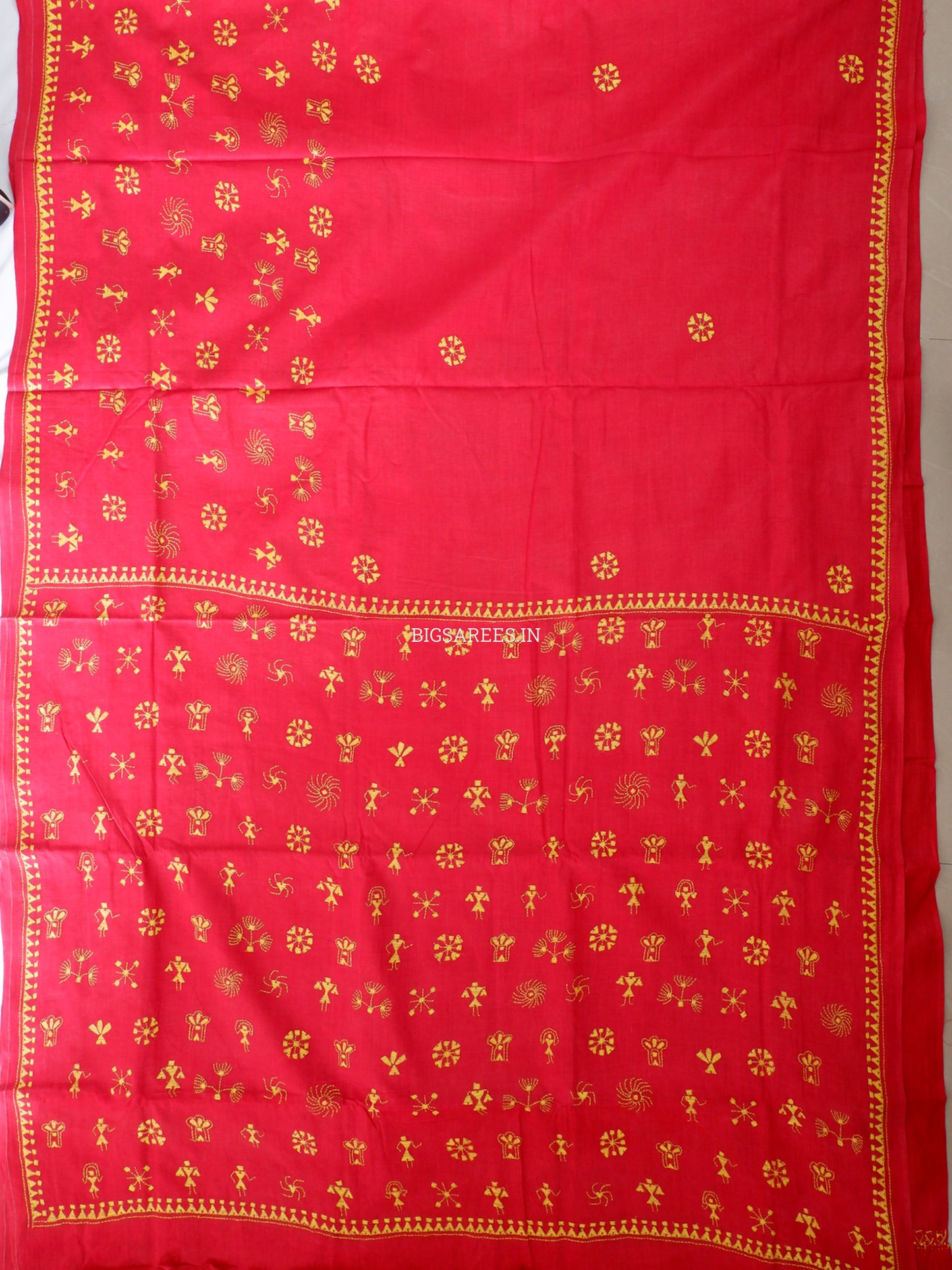 Kantha Stitch Hand-Embroidered Saree | Khadi Cotton | Red