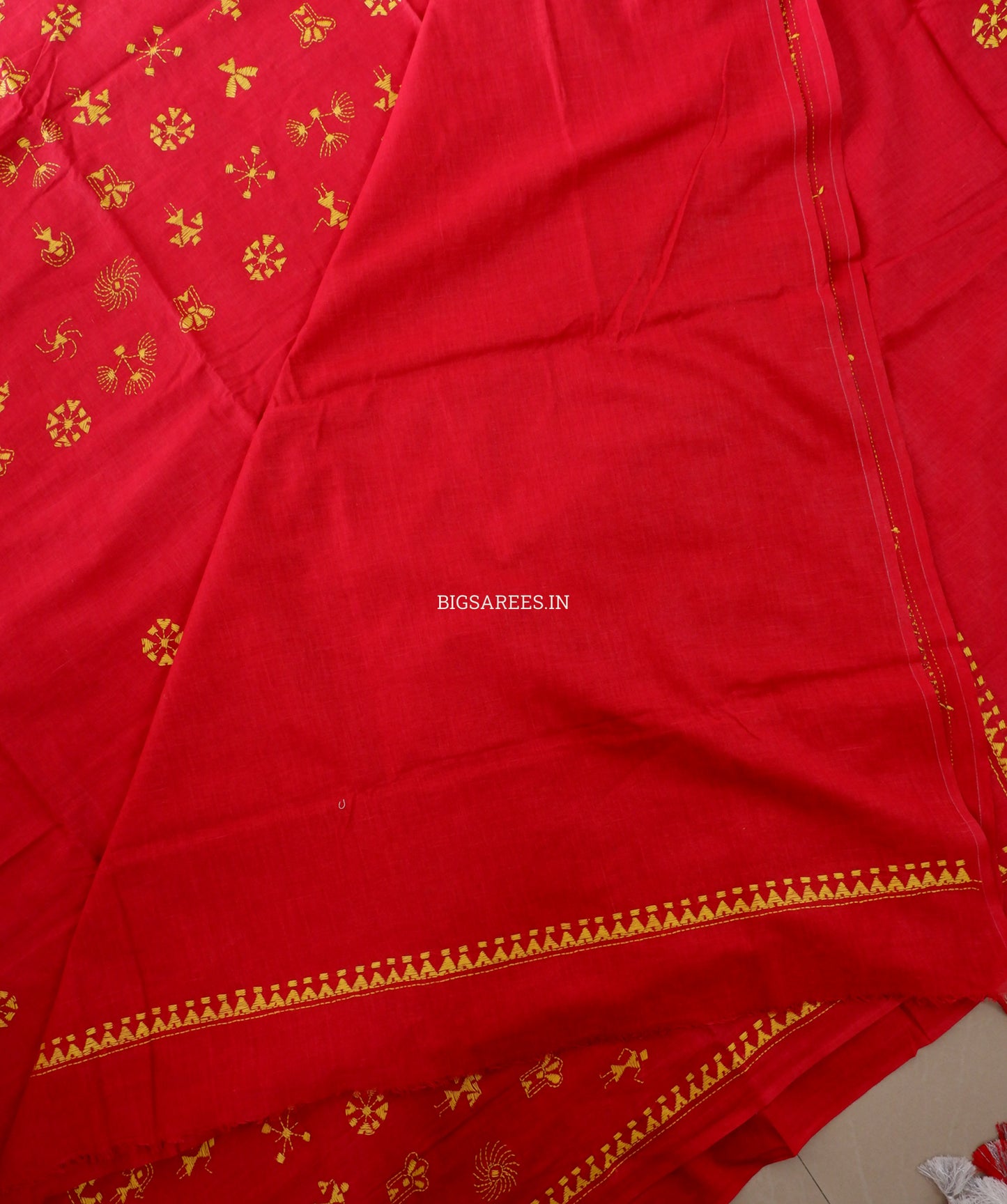 Kantha Stitch Hand-Embroidered Saree | Khadi Cotton | Red