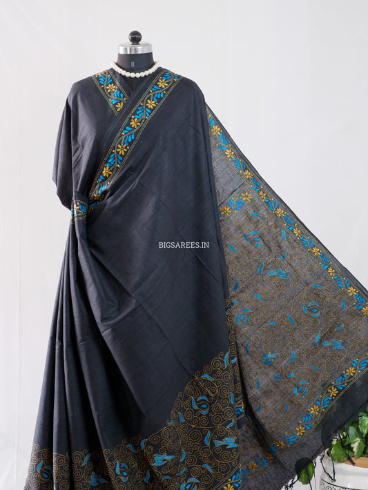 Kantha Hand-Embroidered Saree | Pure Khadi Cotton | Black