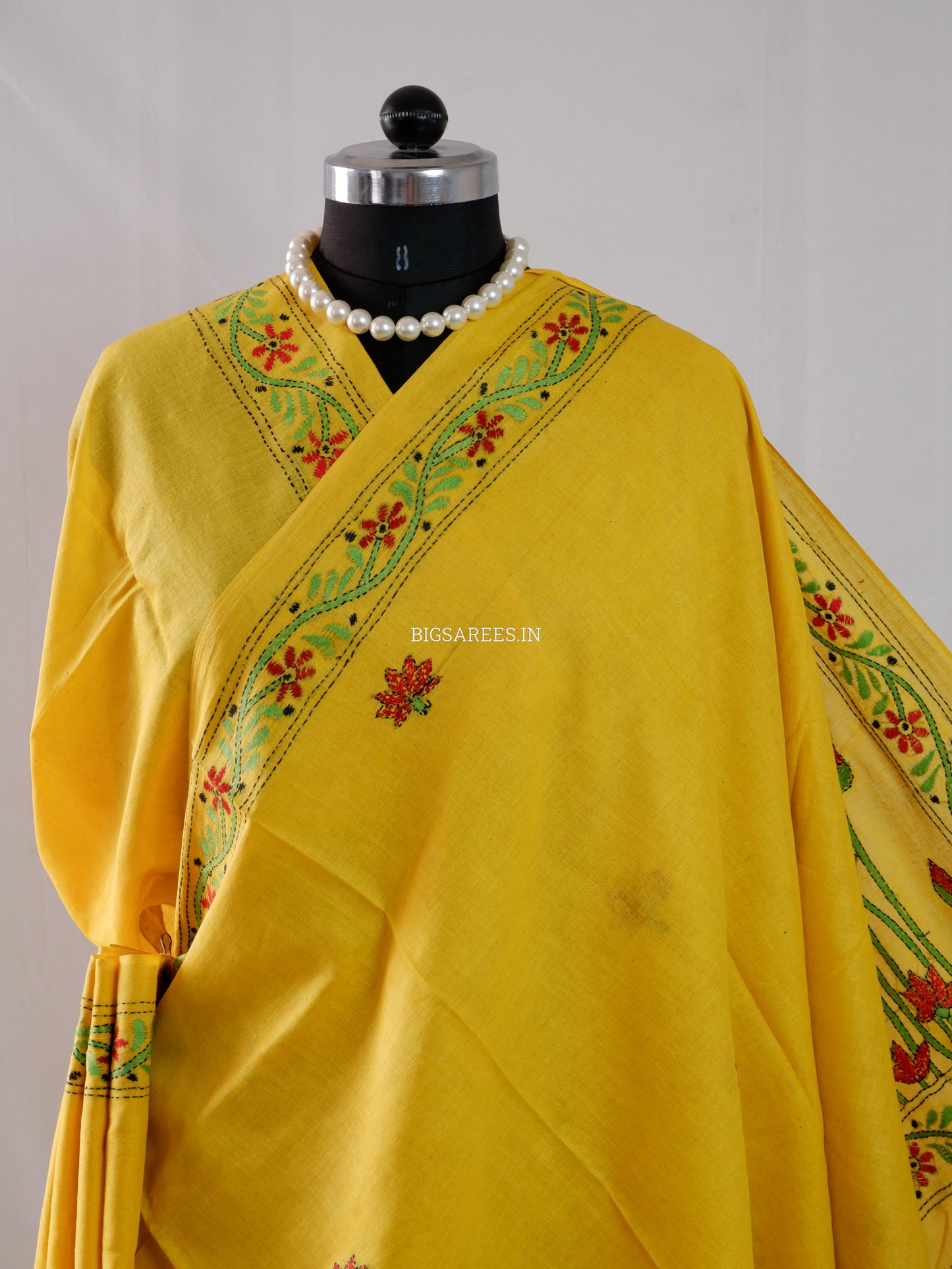 Kantha Stitch Hand-Embroidered Saree | Khadi Cotton | Yellow