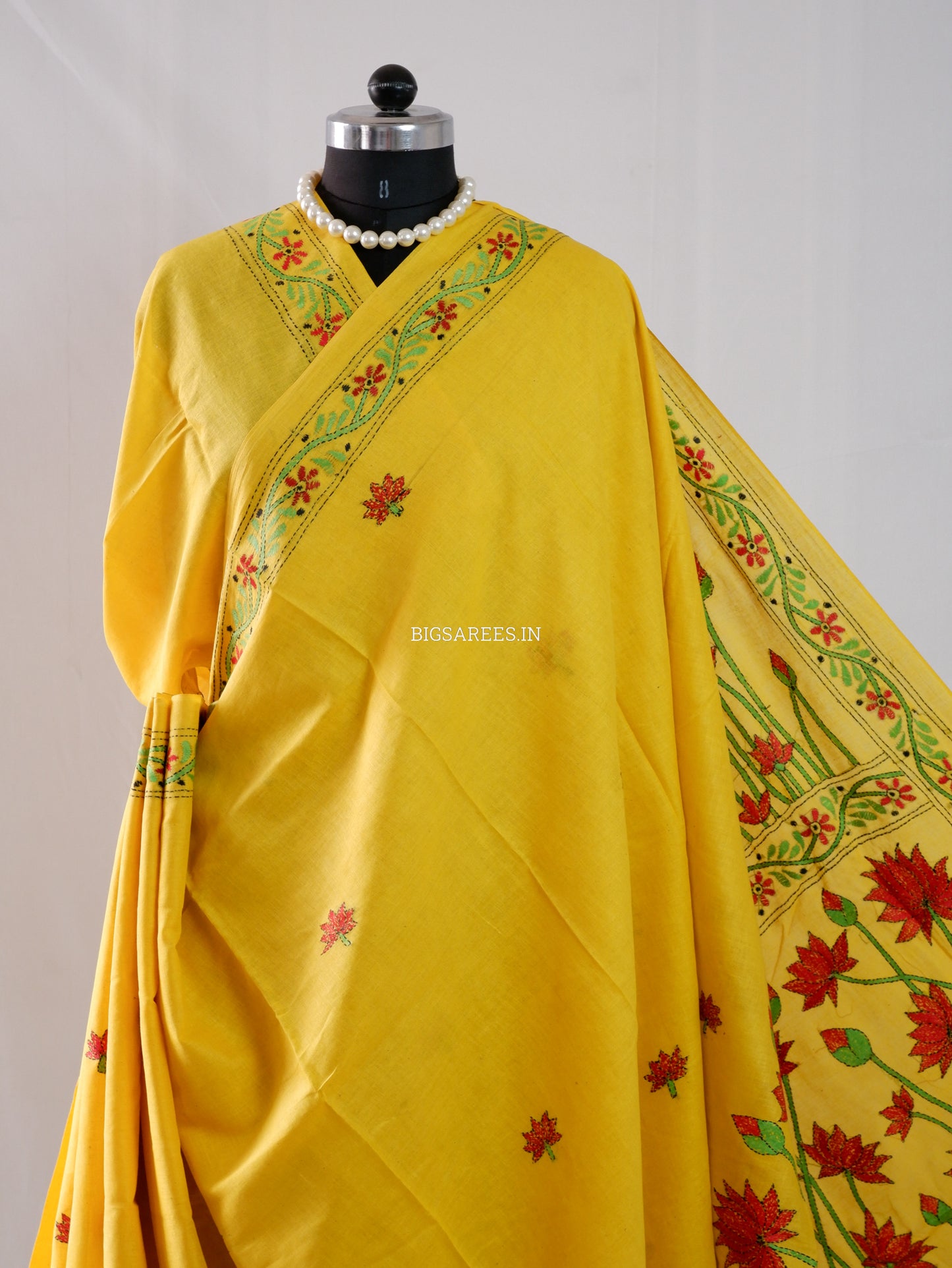 Kantha Stitch Hand-Embroidered Saree | Khadi Cotton | Yellow