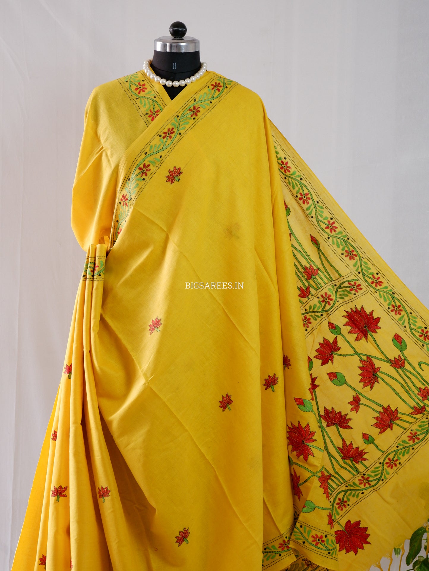 Kantha Stitch Hand-Embroidered Saree | Khadi Cotton | Yellow