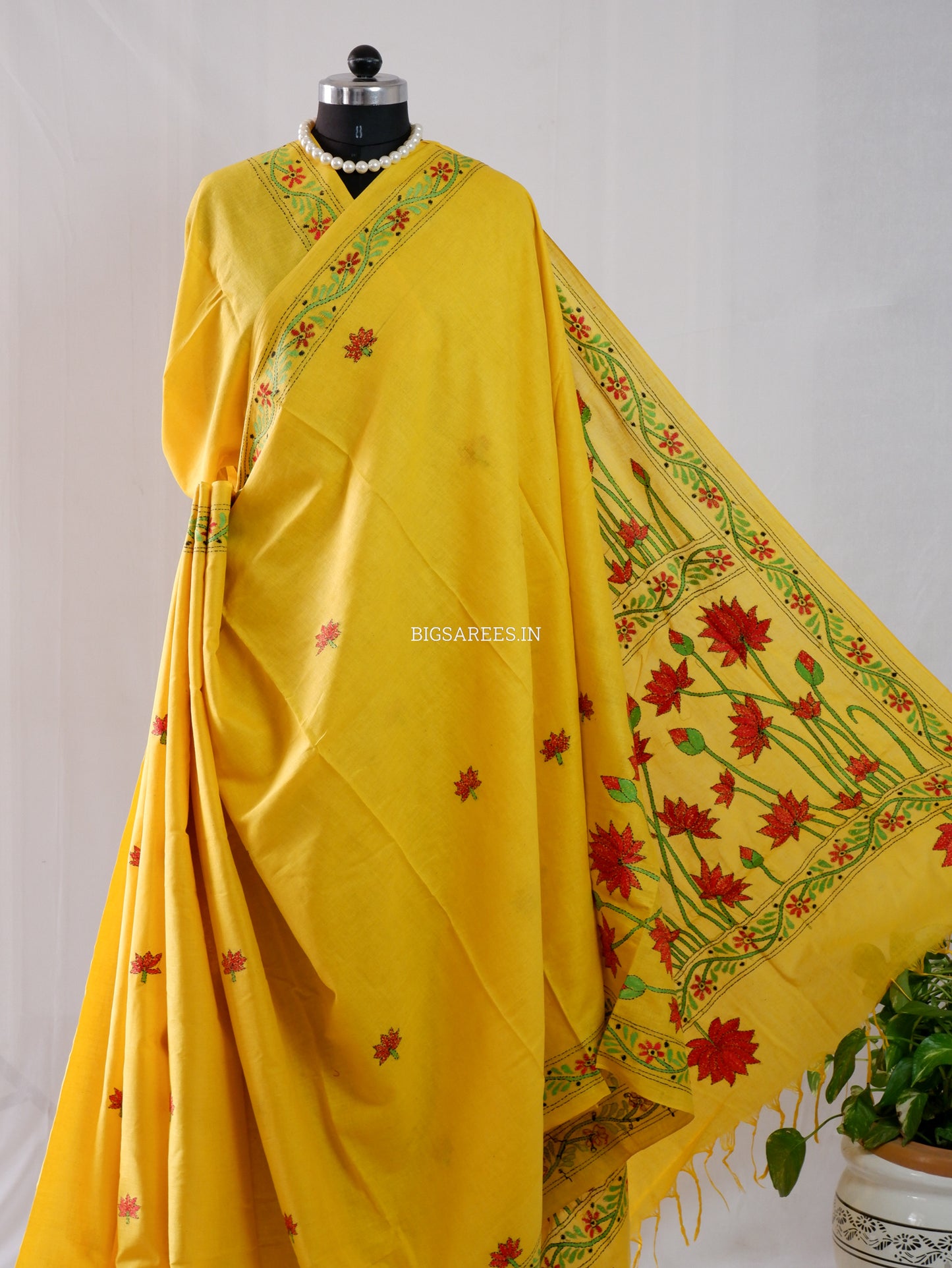 Kantha Stitch Hand-Embroidered Saree | Khadi Cotton | Yellow