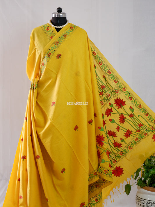 Kantha Stitch Hand-Embroidered Saree | Khadi Cotton | Yellow