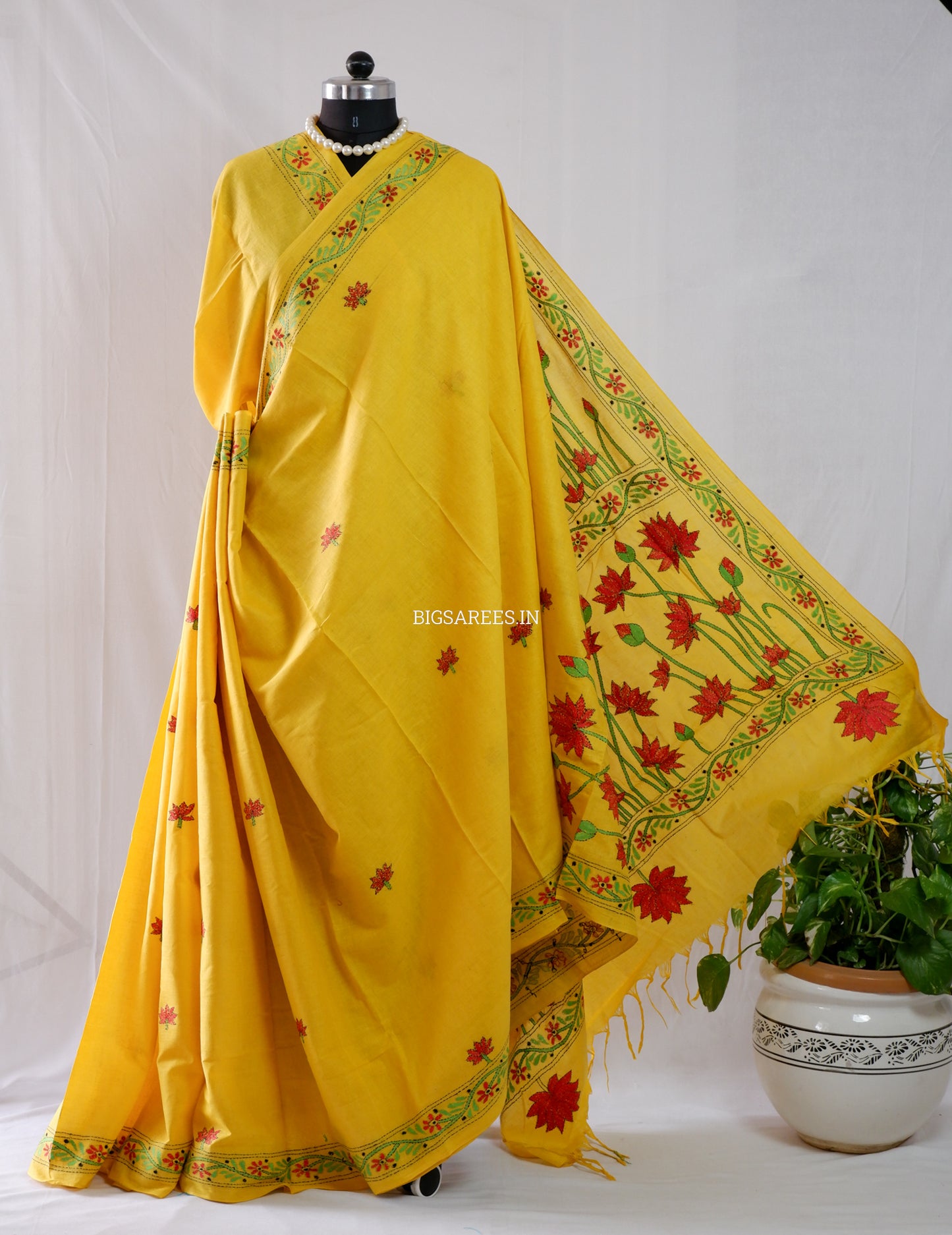 Kantha Stitch Hand-Embroidered Saree | Khadi Cotton | Yellow