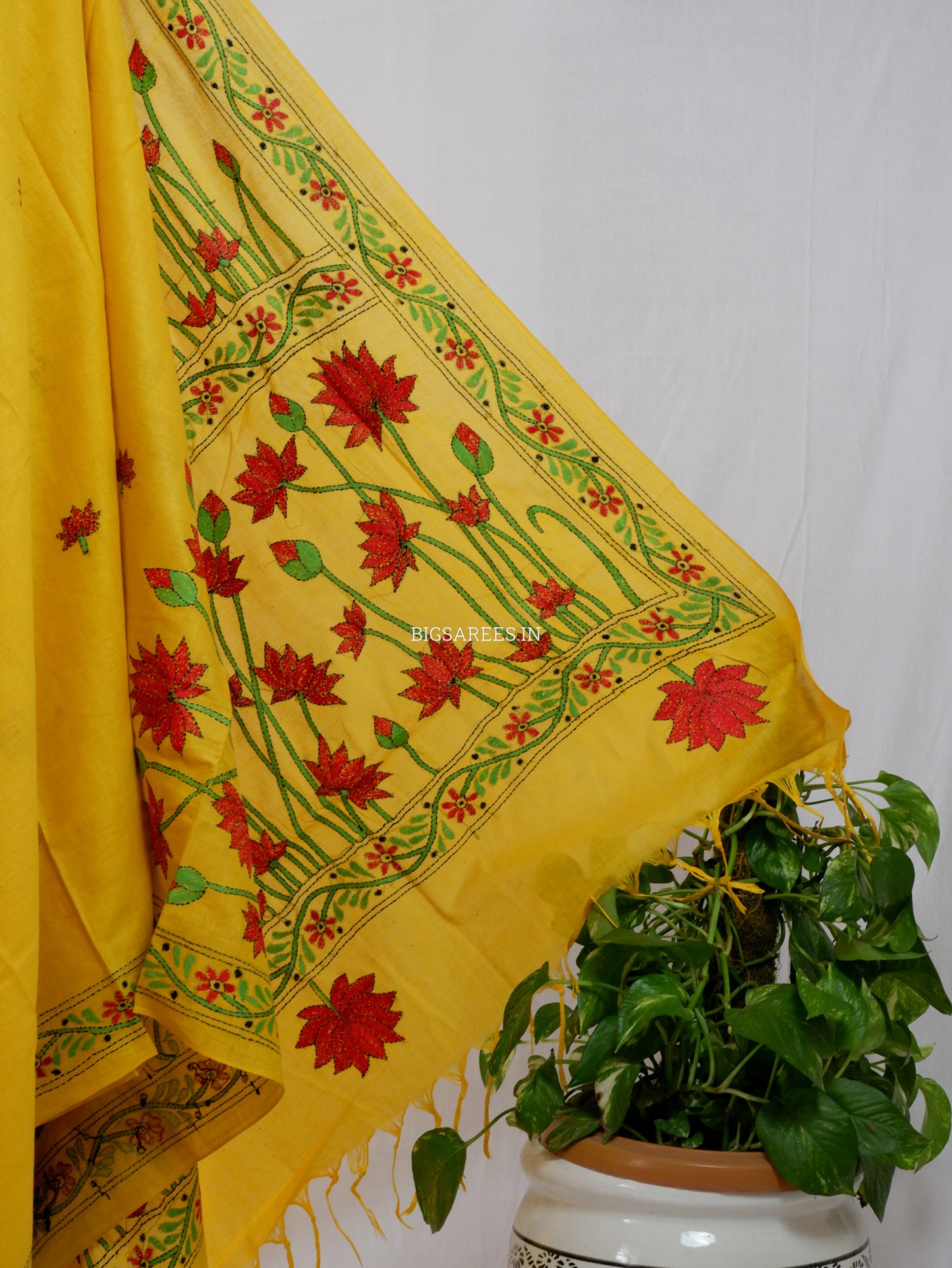 Kantha Stitch Hand-Embroidered Saree | Khadi Cotton | Yellow
