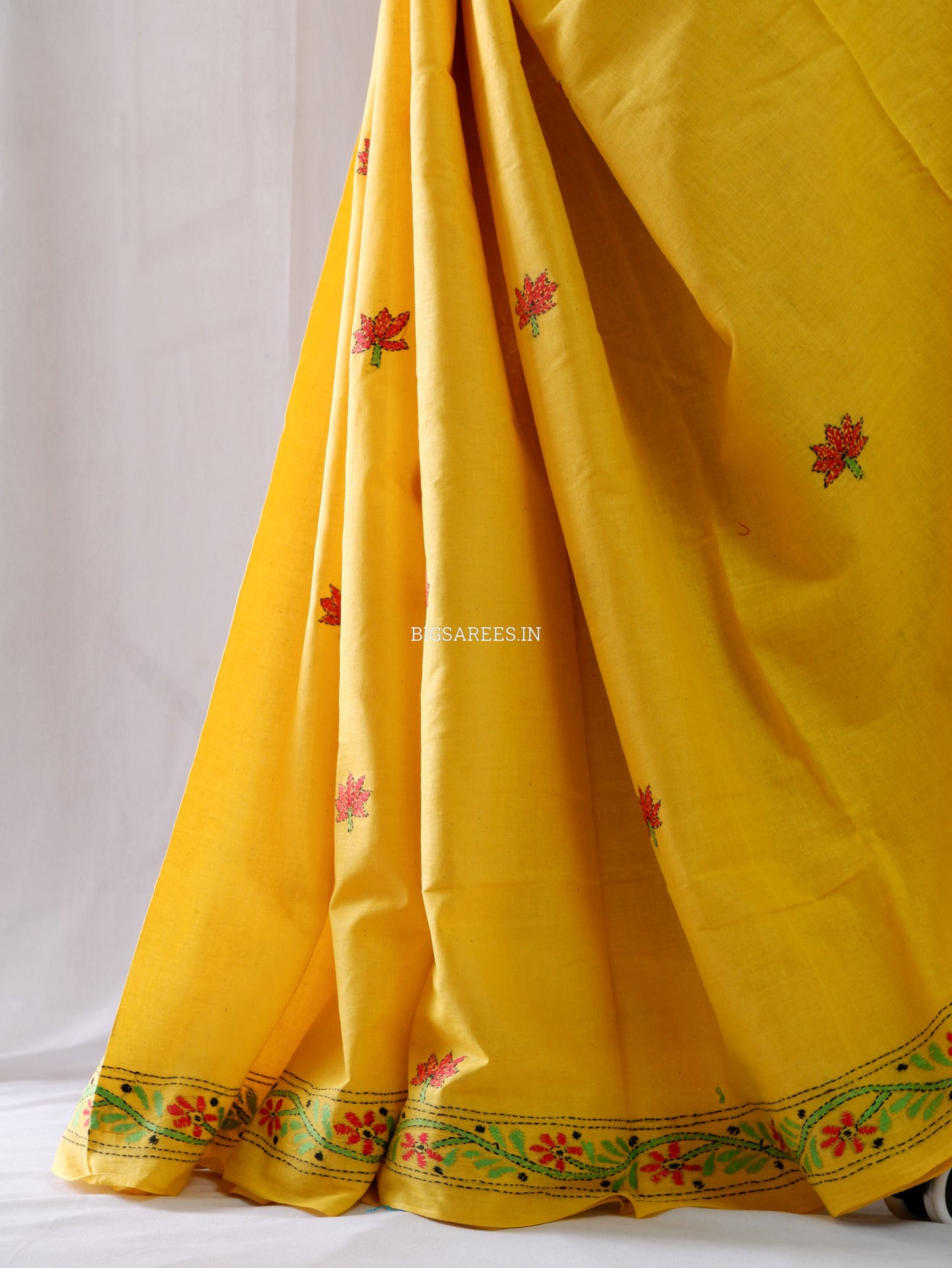 Kantha Stitch Hand-Embroidered Saree | Khadi Cotton | Yellow