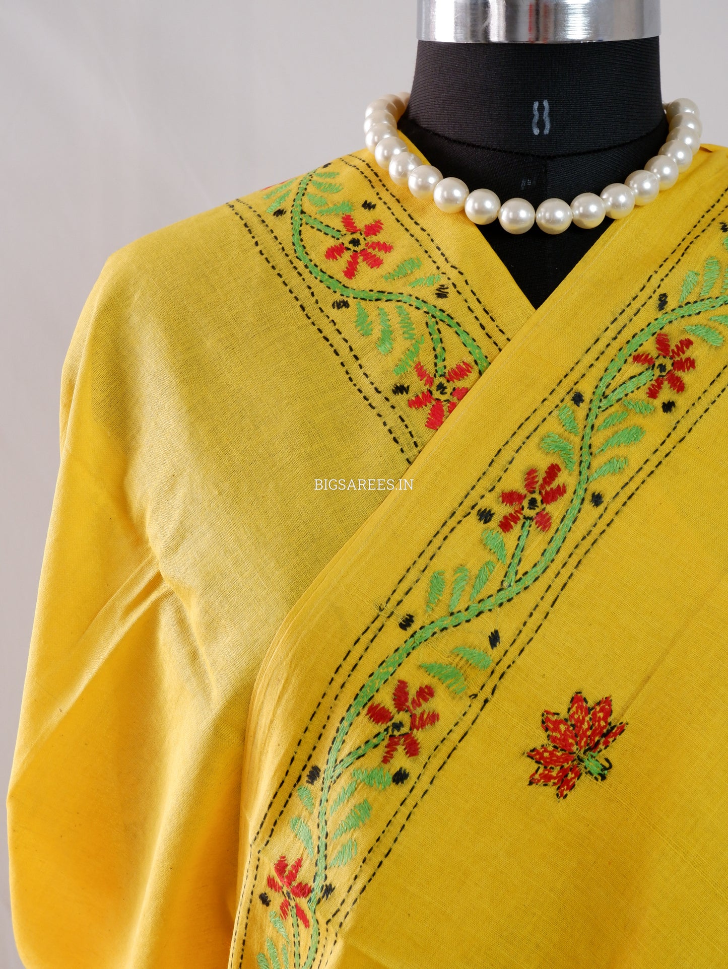 Kantha Stitch Hand-Embroidered Saree | Khadi Cotton | Yellow