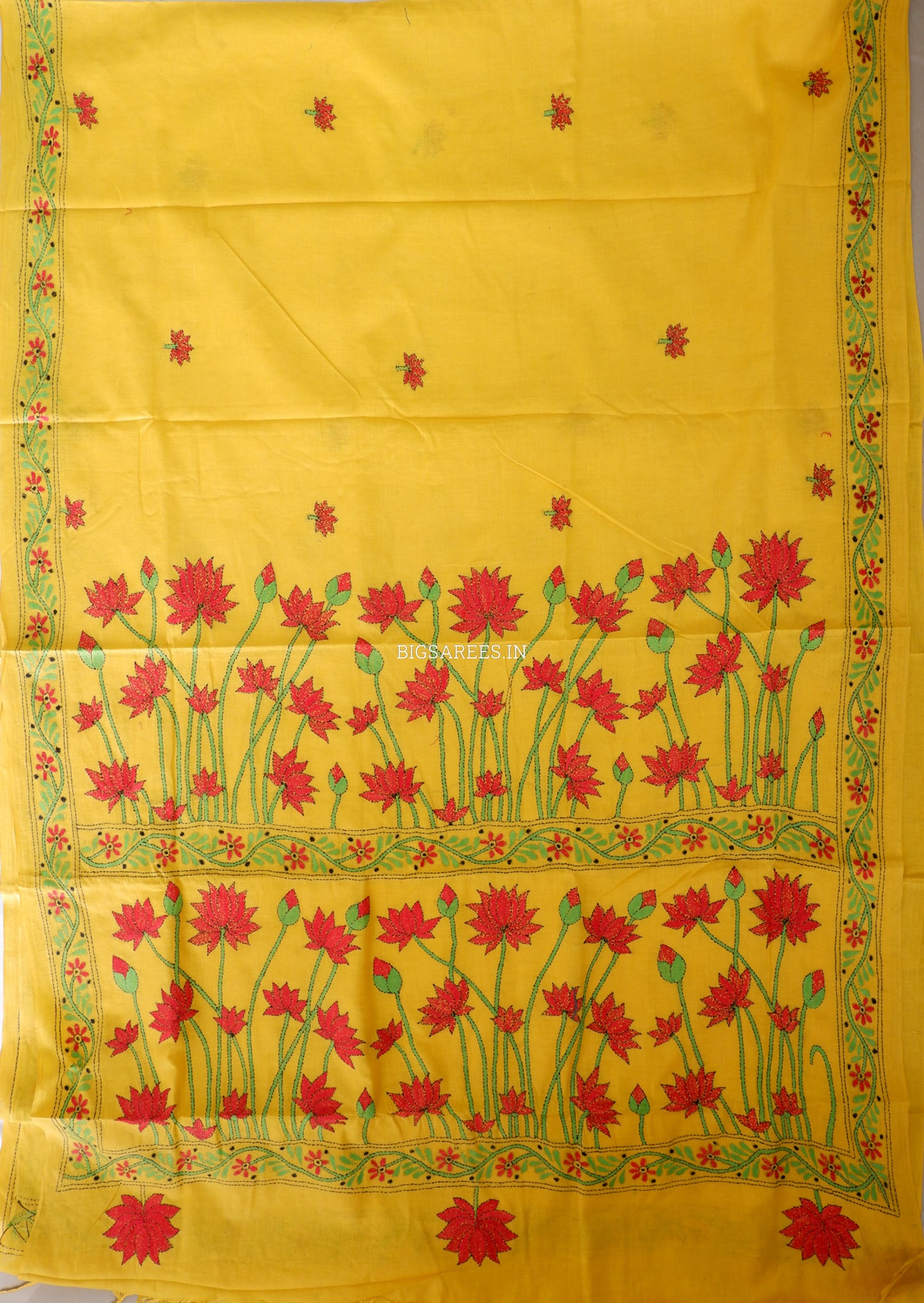 Kantha Stitch Hand-Embroidered Saree | Khadi Cotton | Yellow