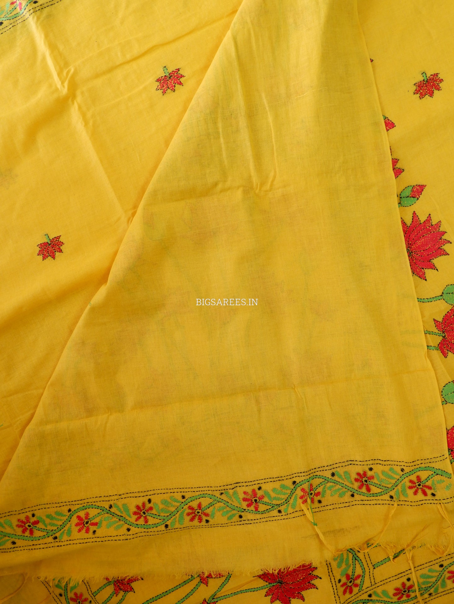 Kantha Stitch Hand-Embroidered Saree | Khadi Cotton | Yellow