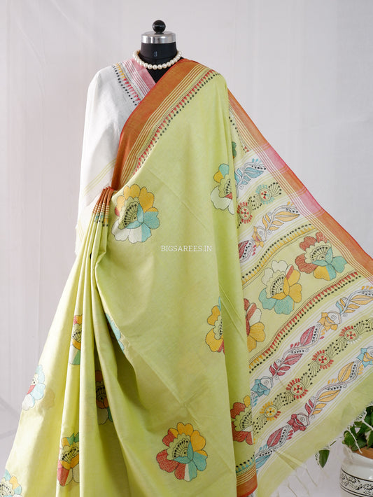 Kantha Stitch Hand-Embroidered Saree | Cotton | Lime Green