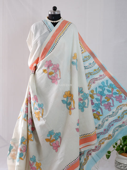 Kantha Stitch Hand-Embroidered Saree | Cotton | White