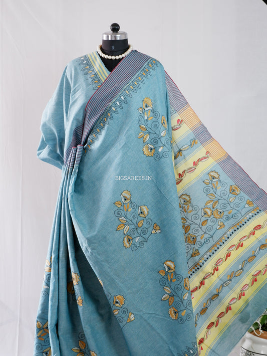Kantha Stitch Hand-Embroidered Saree | Cotton | Light Blue