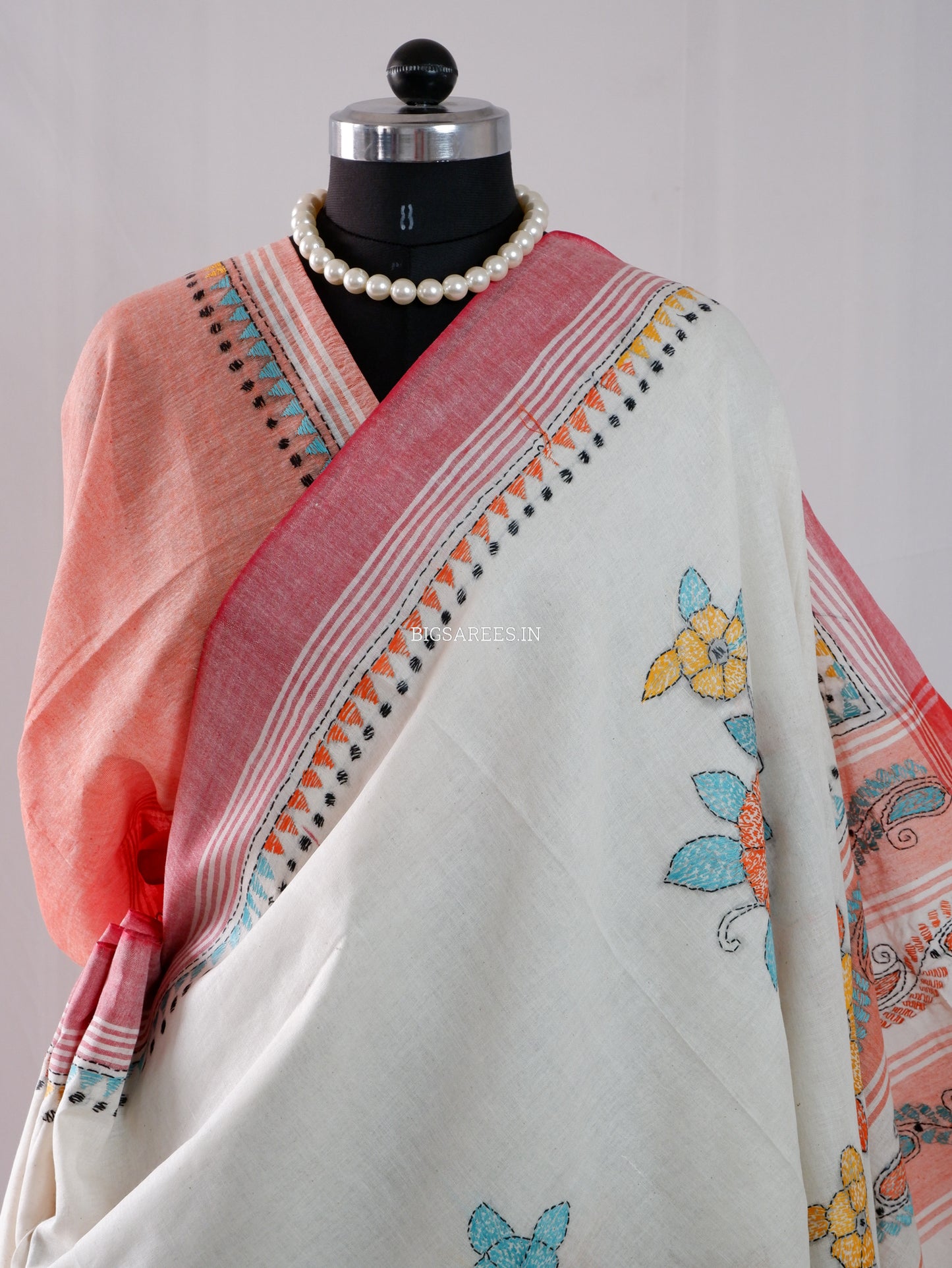Kantha Stitch Hand-Embroidered Saree | Cotton | White