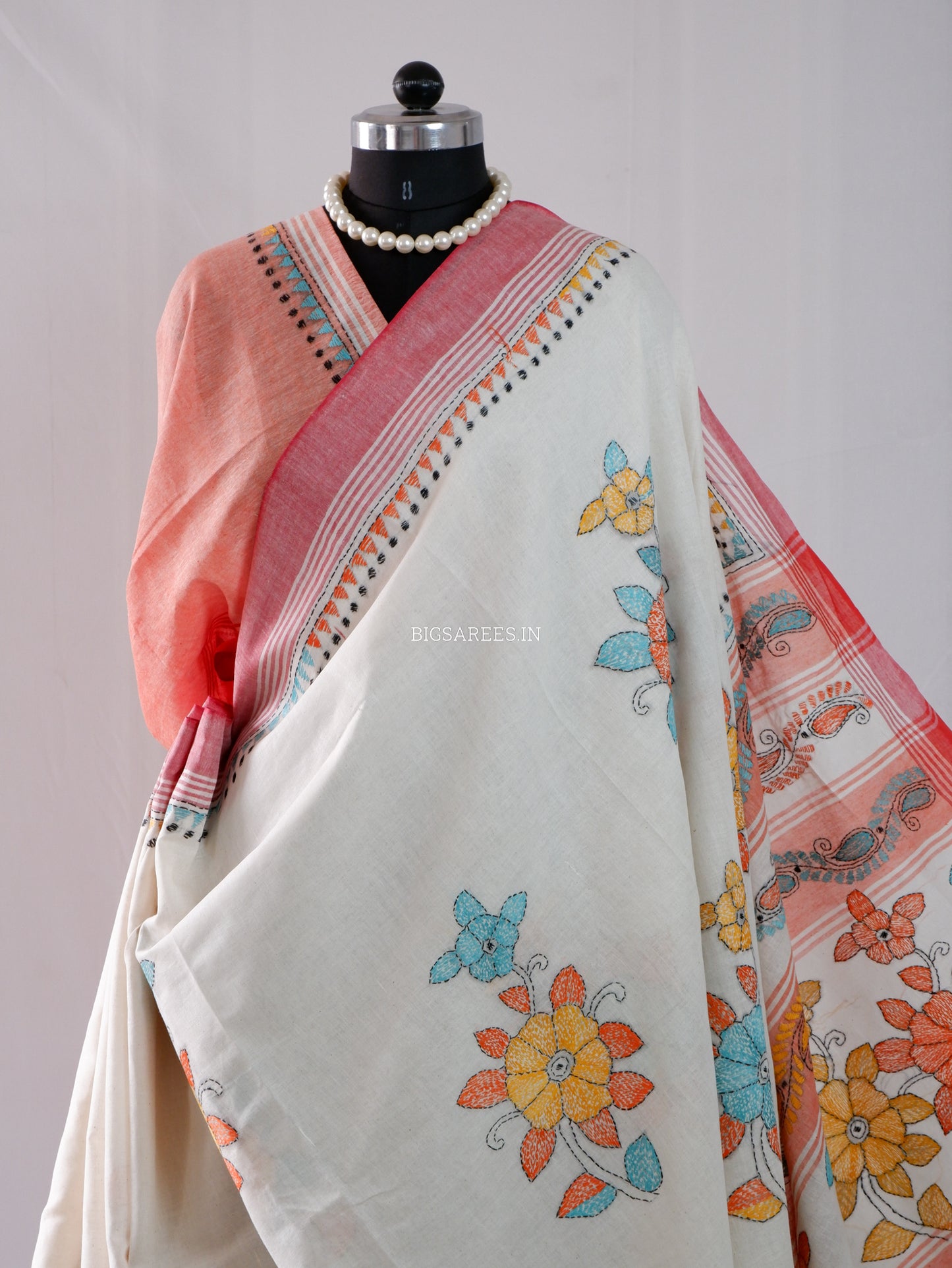 Kantha Stitch Hand-Embroidered Saree | Cotton | White