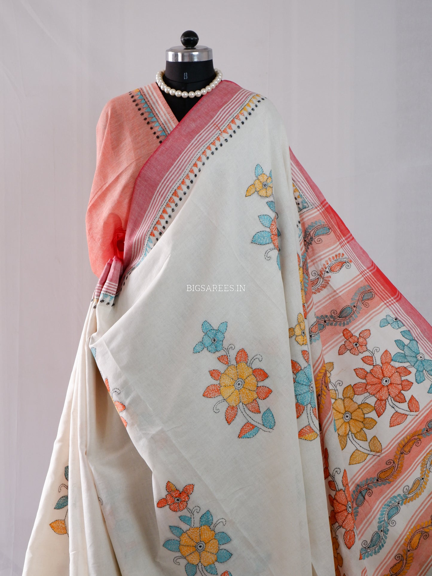 Kantha Stitch Hand-Embroidered Saree | Cotton | White