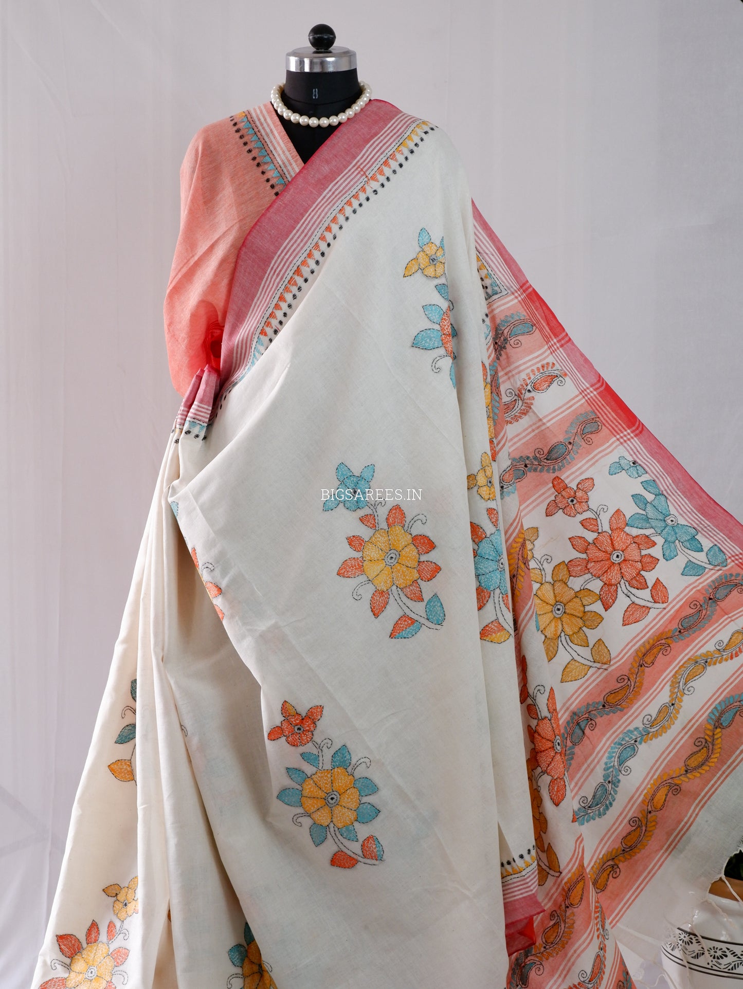 Kantha Stitch Hand-Embroidered Saree | Cotton | White