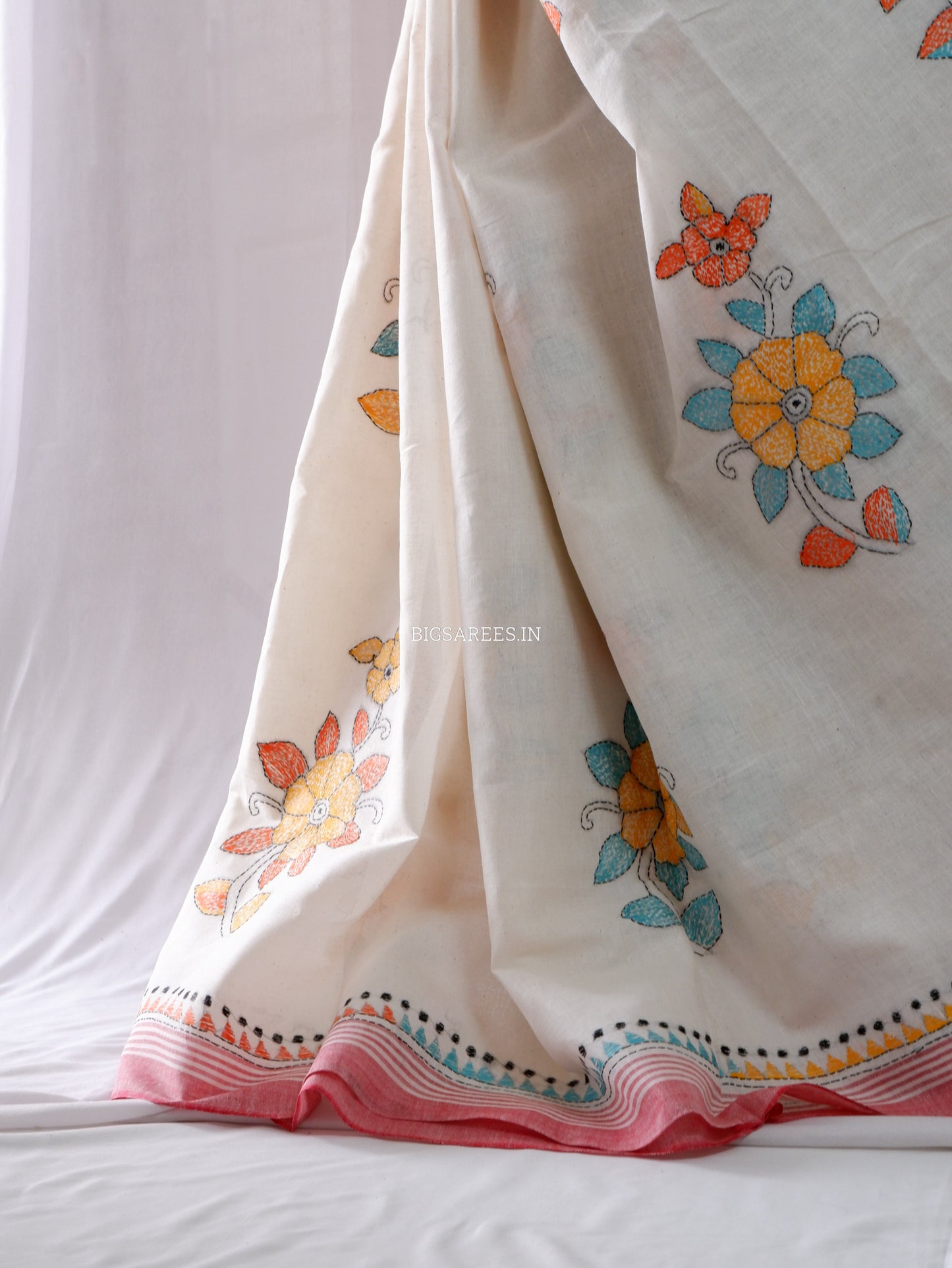Kantha Stitch Hand-Embroidered Saree | Cotton | White