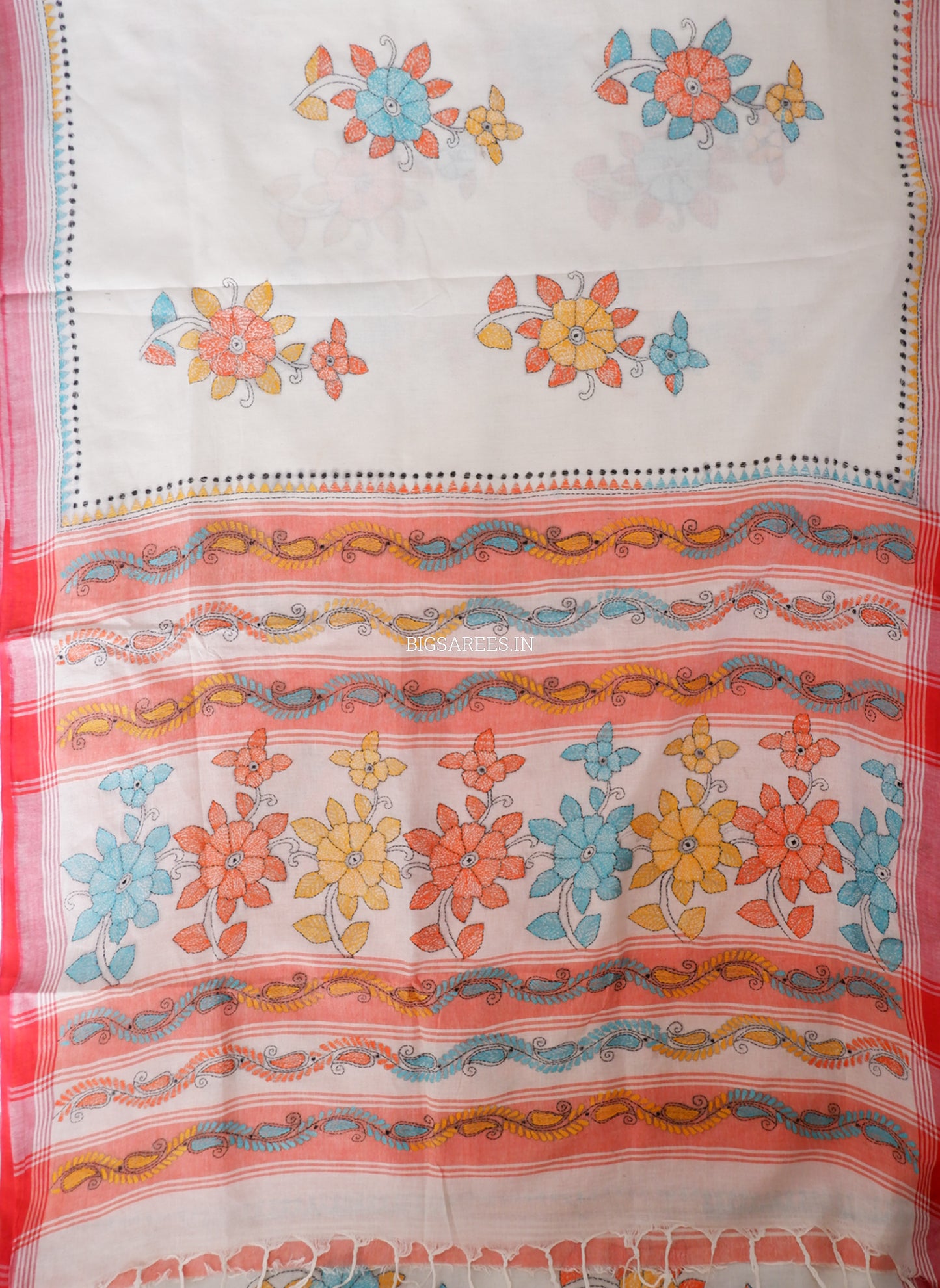 Kantha Stitch Hand-Embroidered Saree | Cotton | White