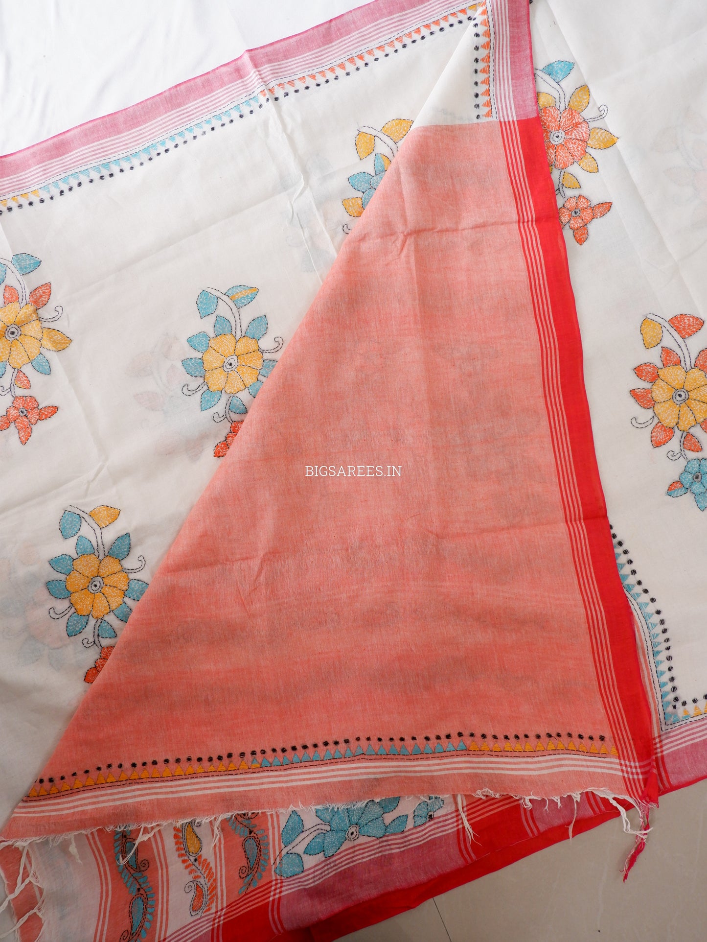 Kantha Stitch Hand-Embroidered Saree | Cotton | White