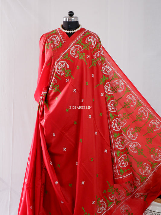 Kutchi/Gujarati Hand Embroidered Saree  | Blended Bangalore Silk / Art Silk | Red