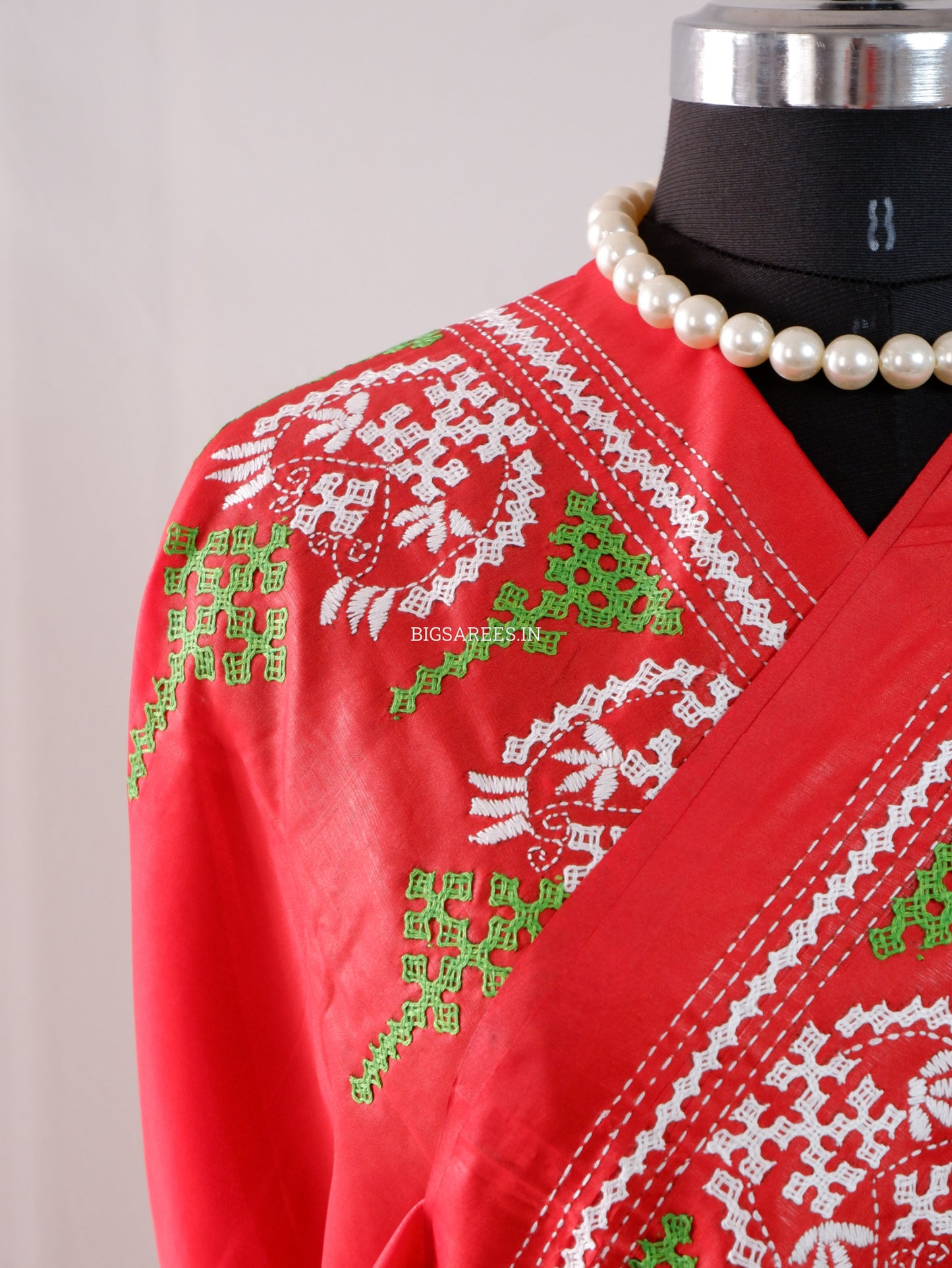 Kutchi/Gujarati Hand Embroidered Saree  | Blended Bangalore Silk / Art Silk | Red