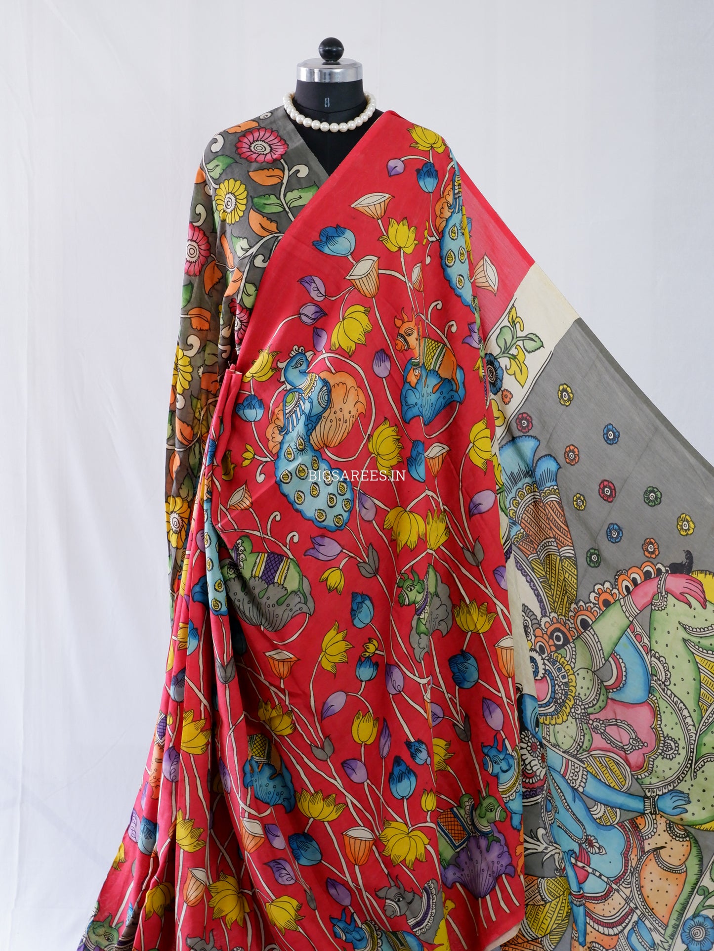 Hand-Painted Kalamkari Saree | Bangalore Silk | Red