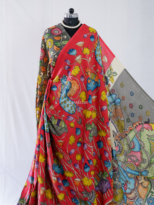 Hand-Painted Kalamkari Saree | Bangalore Silk | Red