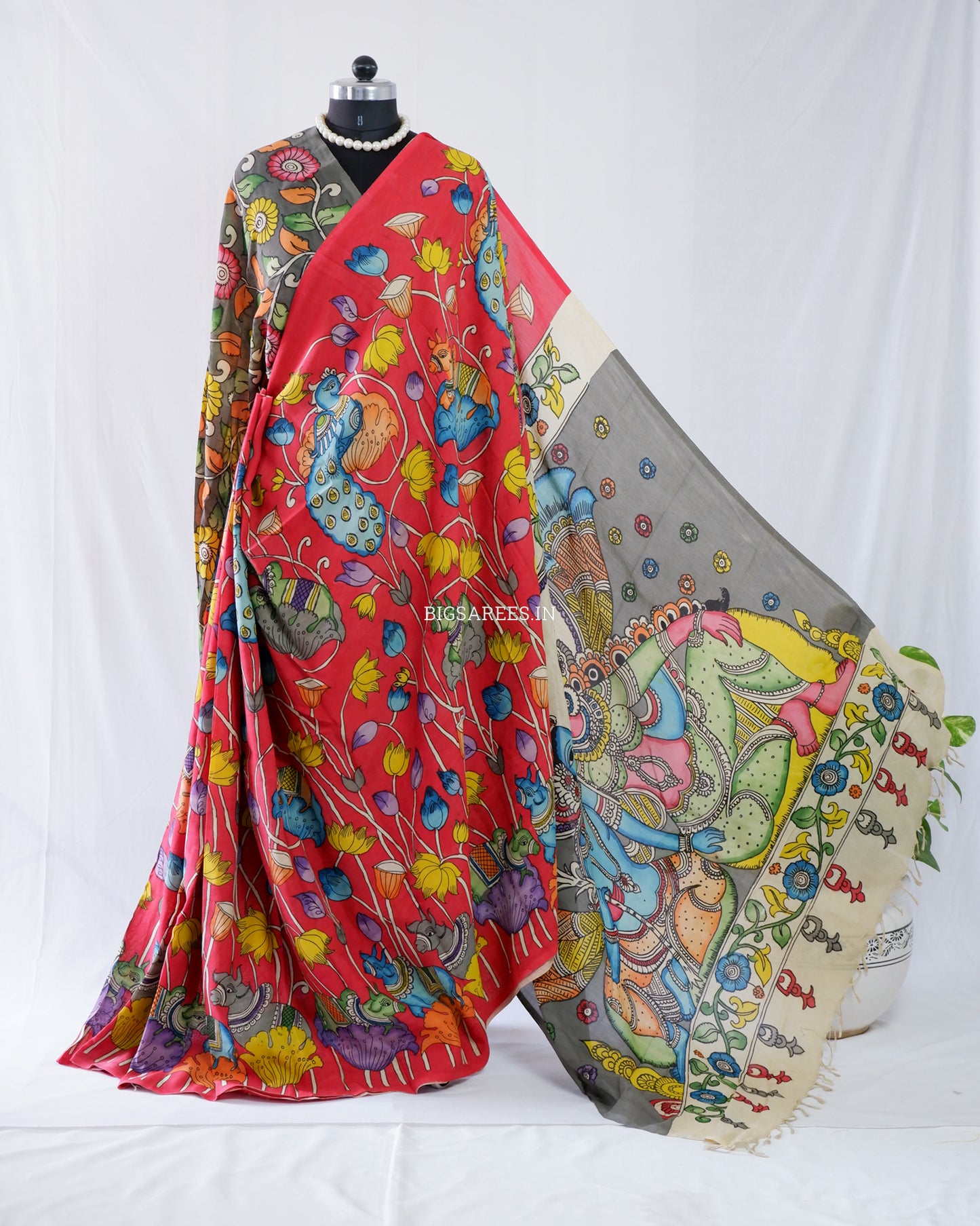 Hand-Painted Kalamkari Saree | Bangalore Silk | Red
