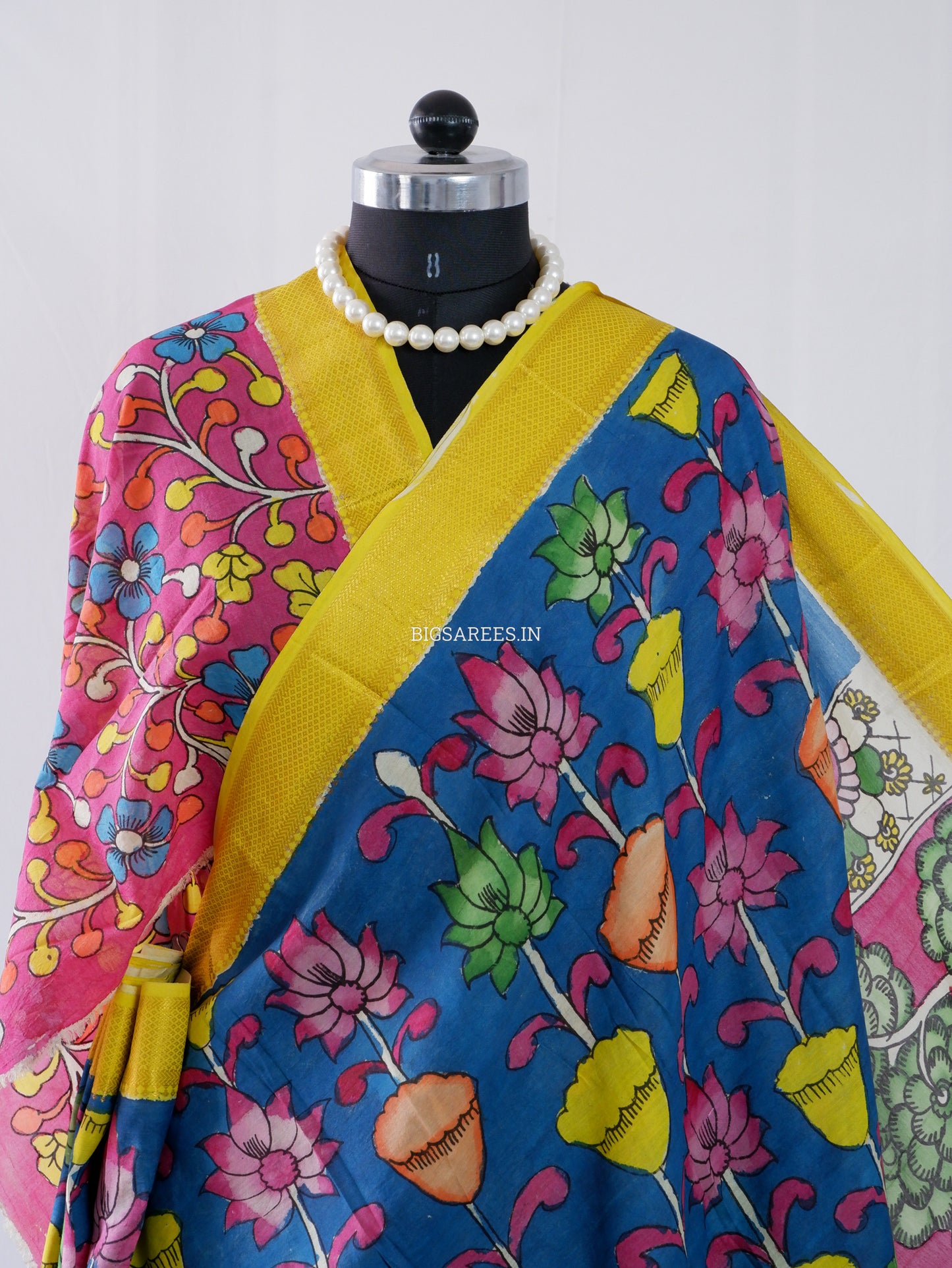 Hand-Painted Kalamkari Saree | Bangalore Silk | Azure Blue