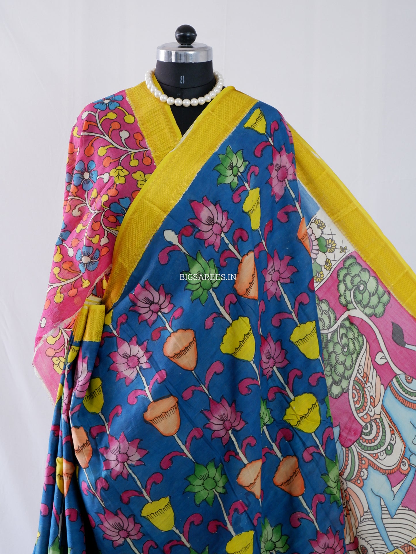 Hand-Painted Kalamkari Saree | Bangalore Silk | Azure Blue
