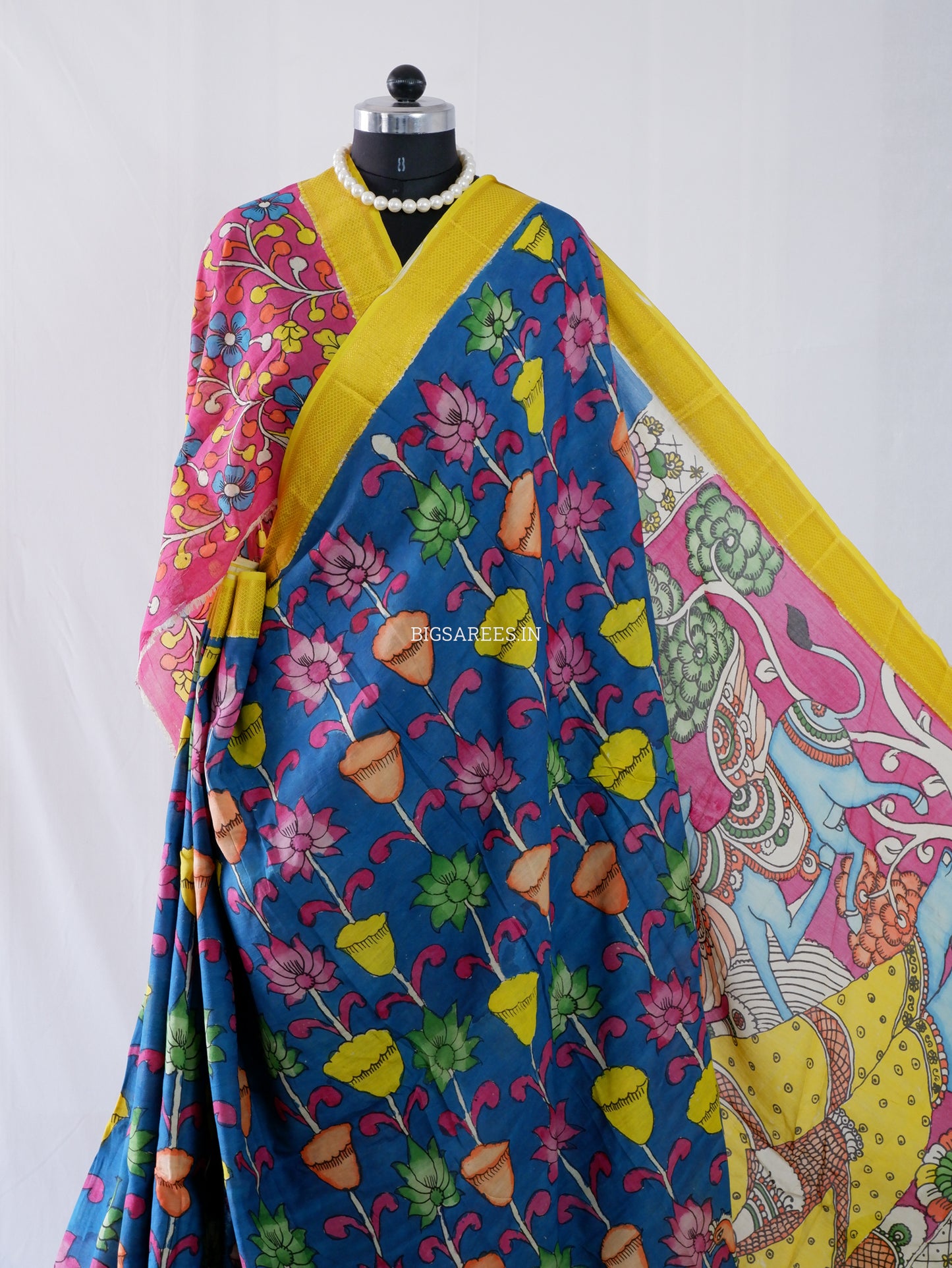 Hand-Painted Kalamkari Saree | Bangalore Silk | Azure Blue