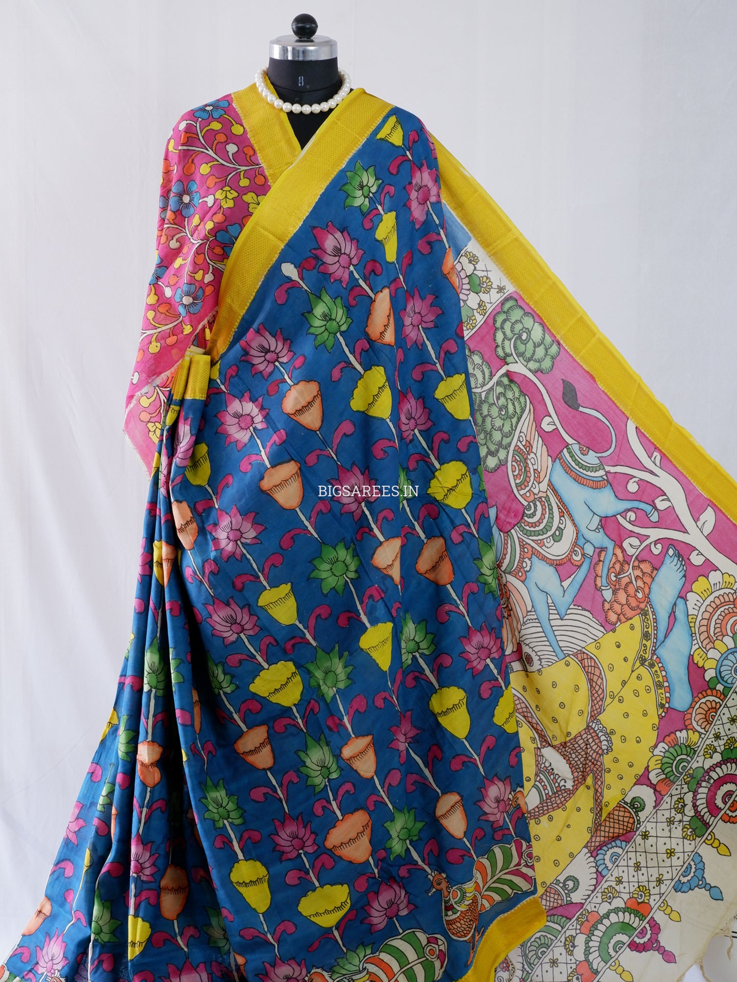 Hand-Painted Kalamkari Saree | Bangalore Silk | Azure Blue