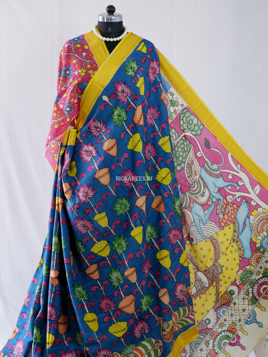 Hand-Painted Kalamkari Saree | Bangalore Silk | Azure Blue