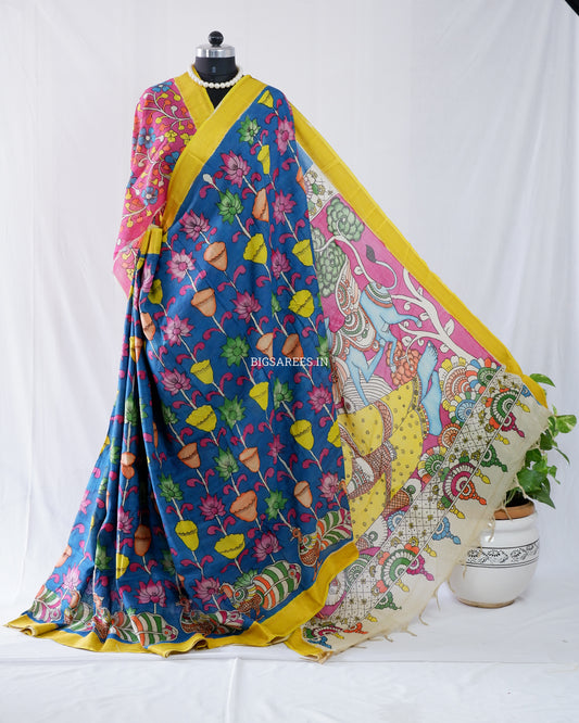 Hand-Painted Kalamkari Saree | Bangalore Silk | Azure Blue