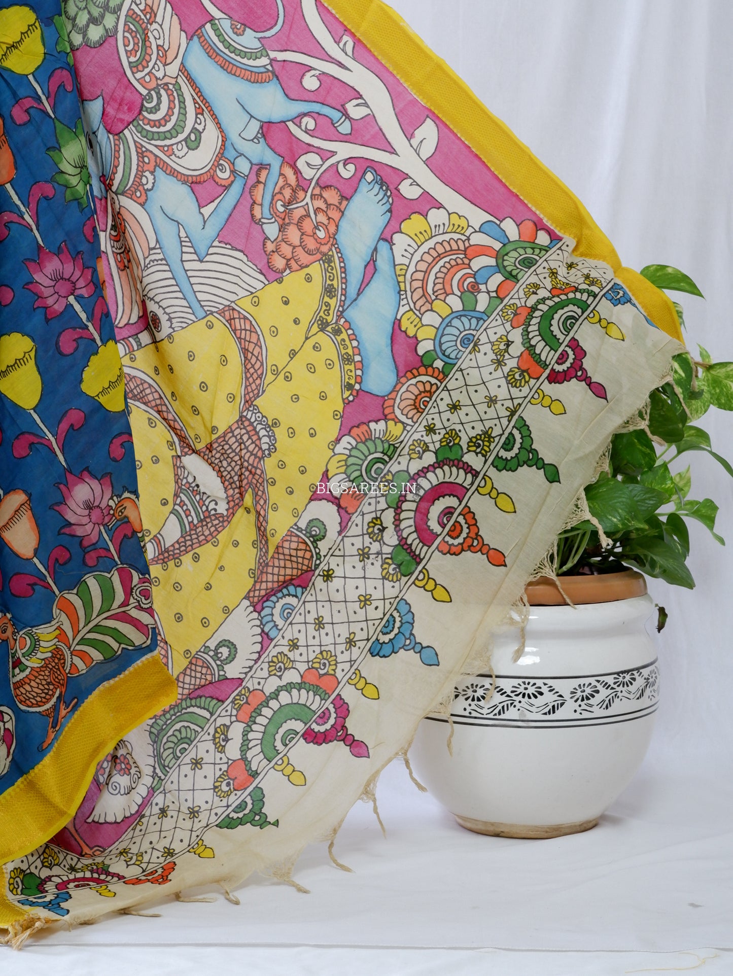 Hand-Painted Kalamkari Saree | Bangalore Silk | Azure Blue